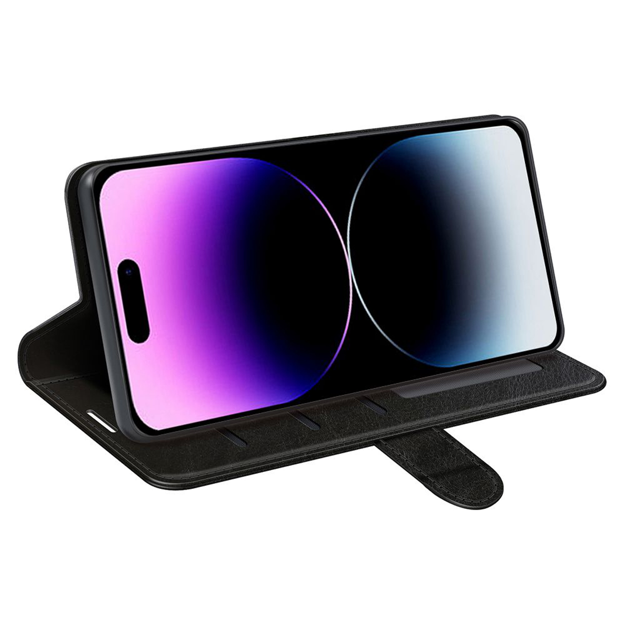 Zwarte telefoonhoes in open positie, toont telefoon met paars en blauw display.