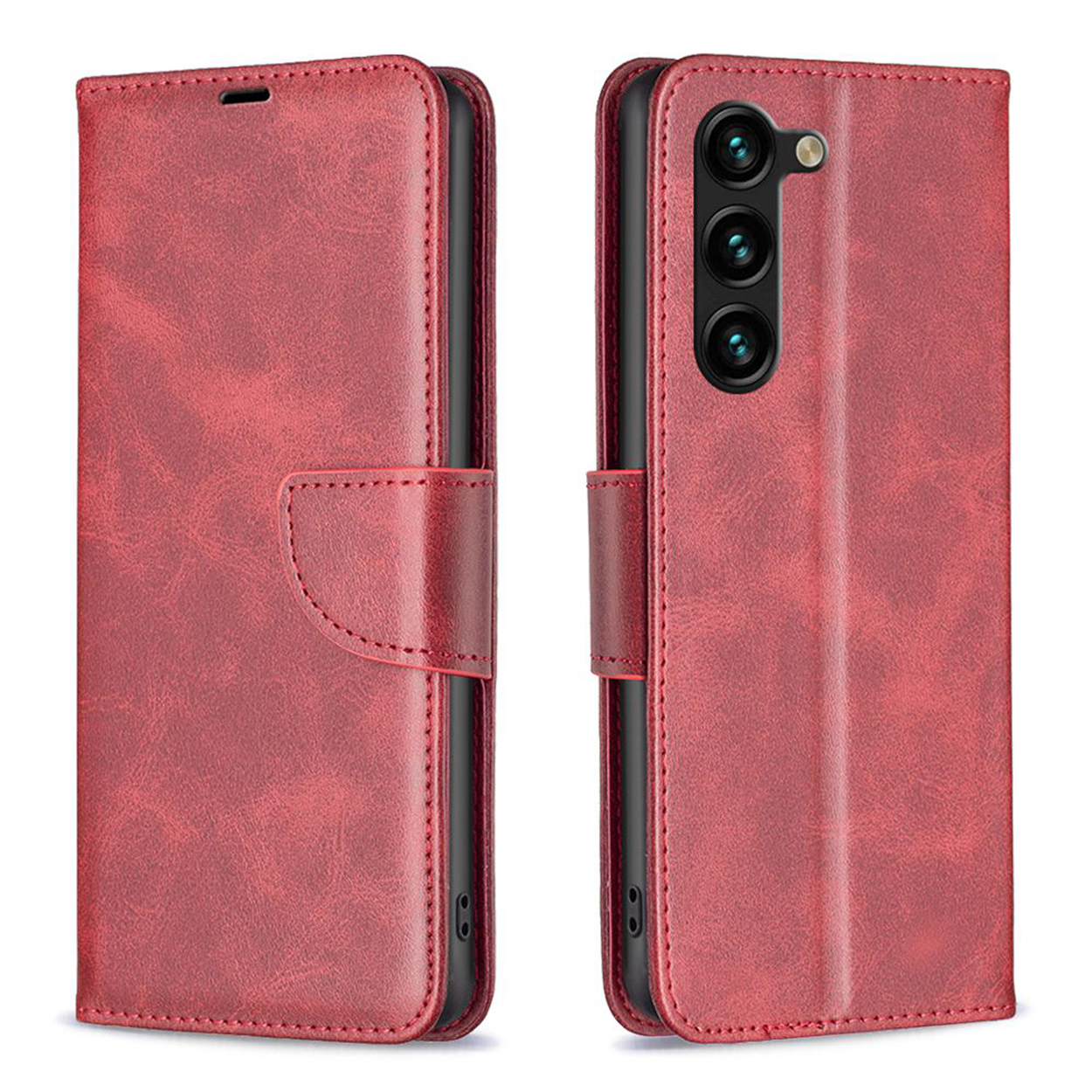 Rode leren telefoonhoes, open en dicht. Toont stiksels. Telefoon is niet zichtbaar.