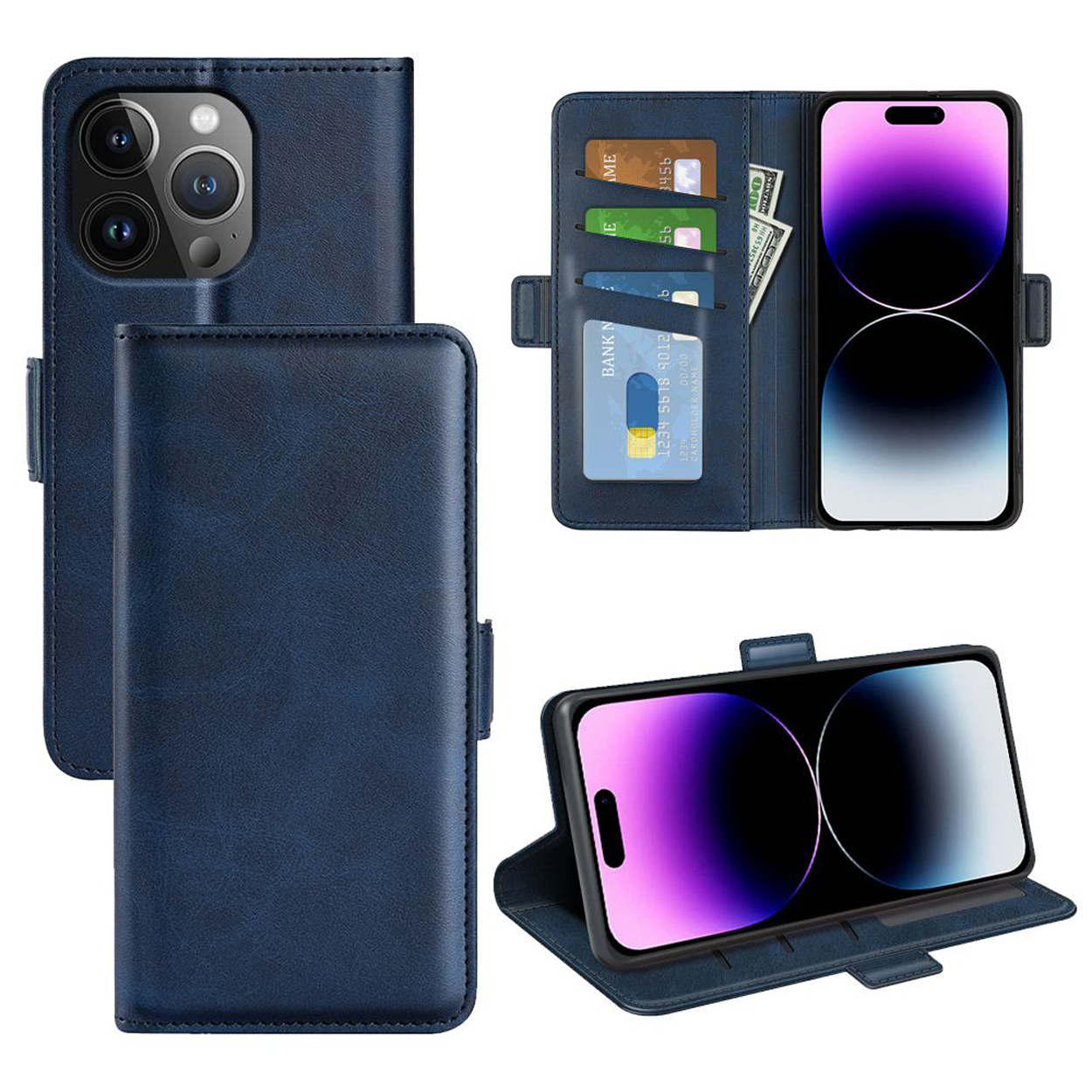 Blauwe telefoonhoes, open, met kaarten, contant geld en een telefoon. Drie weergaven tonen de hoes.