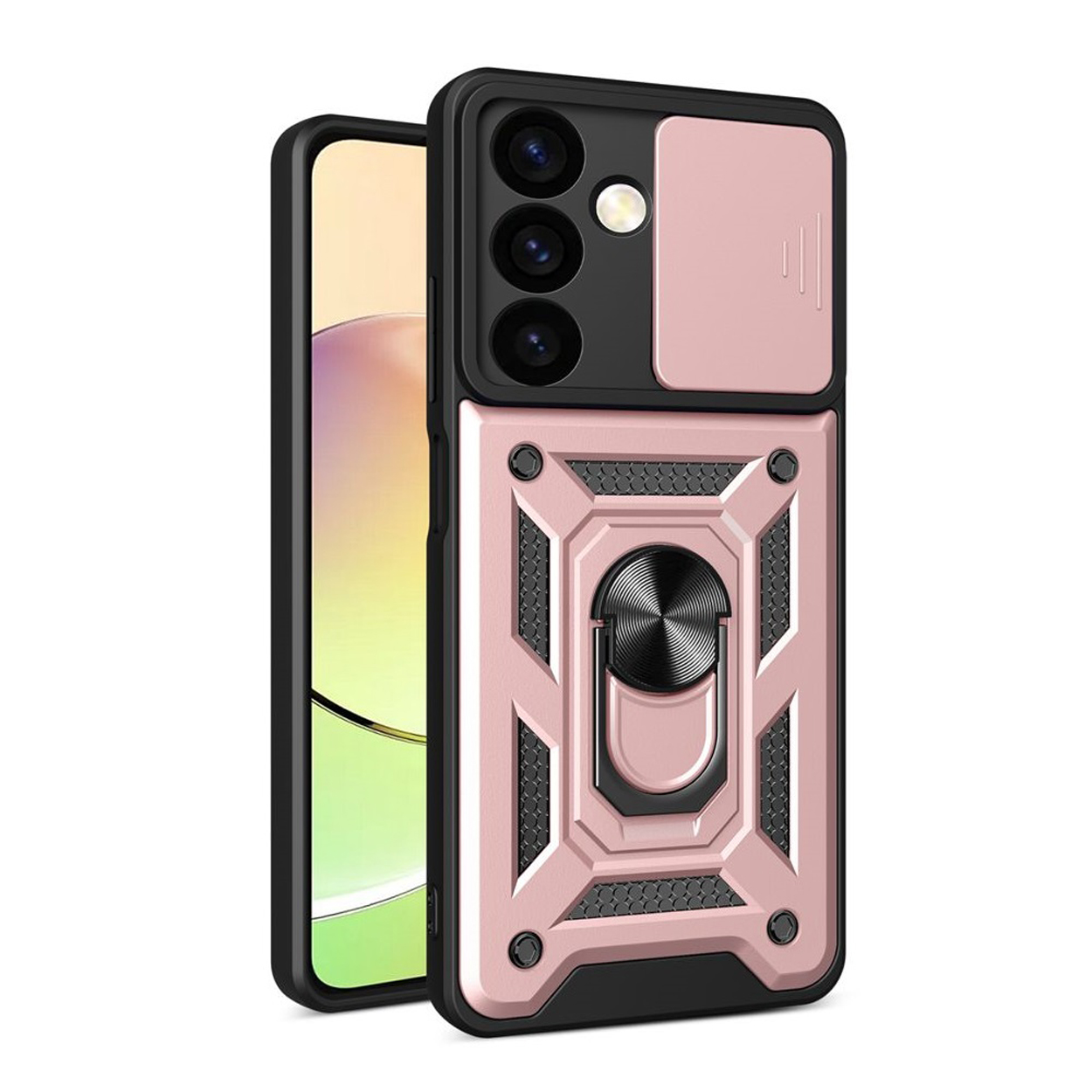 Coque de téléphone rose avec protection de caméra et support d'anneau. Le téléphone est à l'intérieur. Palette de couleurs noir et rose.