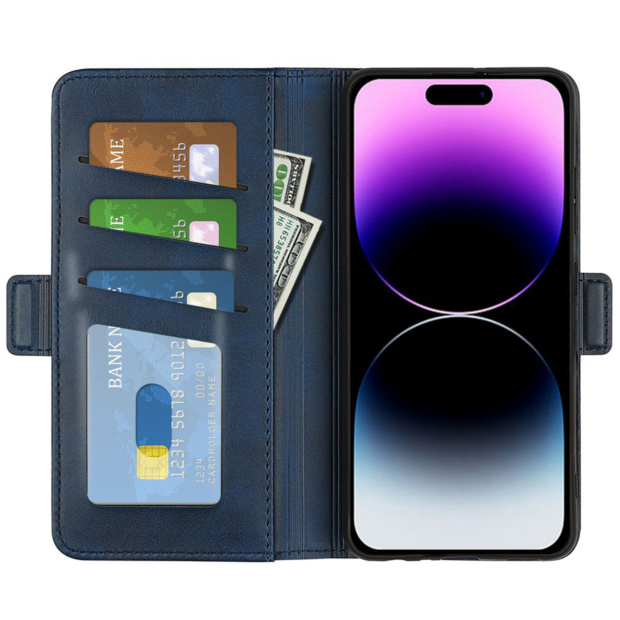 Blauwe telefoonhoes met telefoon, kaarten en geld erin. Hij is open.