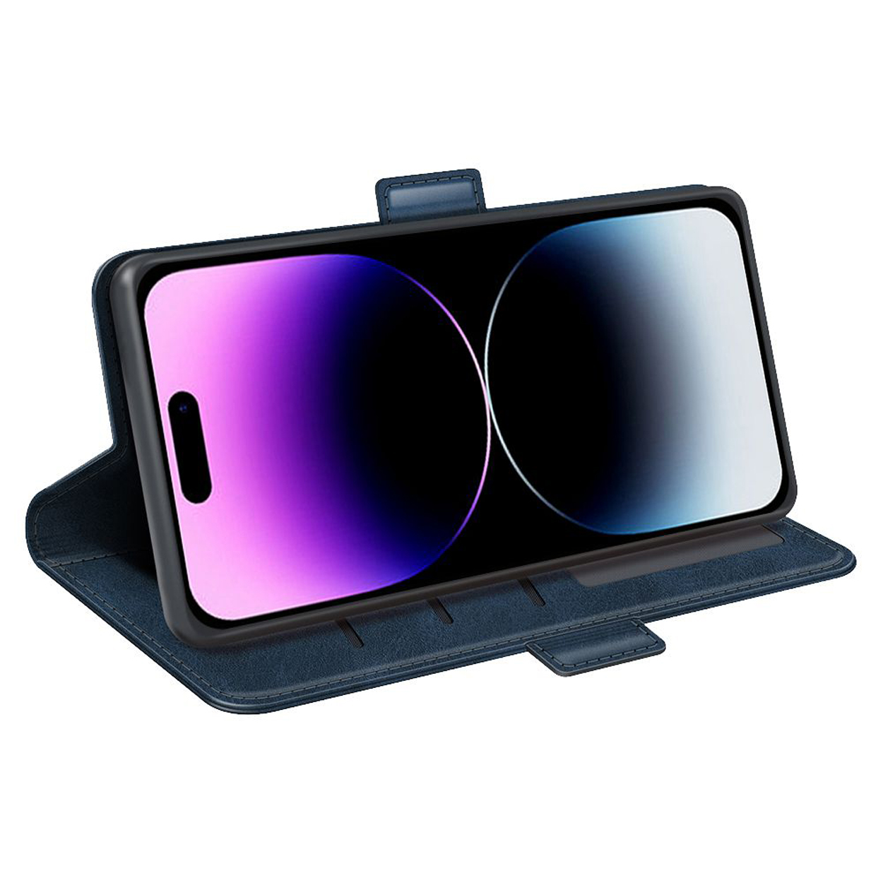 Blauwe telefoonhoes met telefoon erin. De telefoon toont een paarse en blauwe gradiënt.