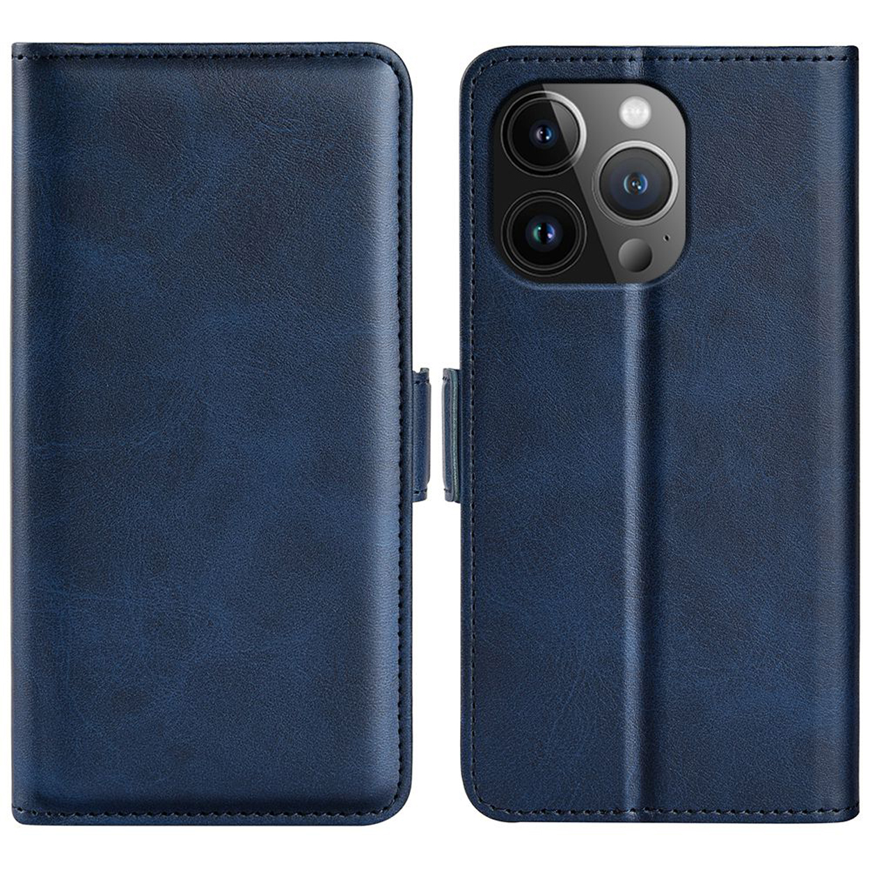 Blauwe telefoonhoes met telefoon erin. Het heeft een portemonnee-stijl en is open. De achtergrond is wit.