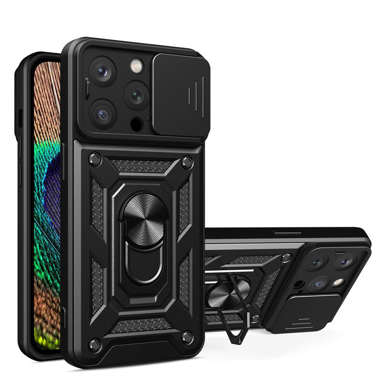 Zwarte telefoonhoes met camerahoes en ringhouder. Telefoon met veermotief.