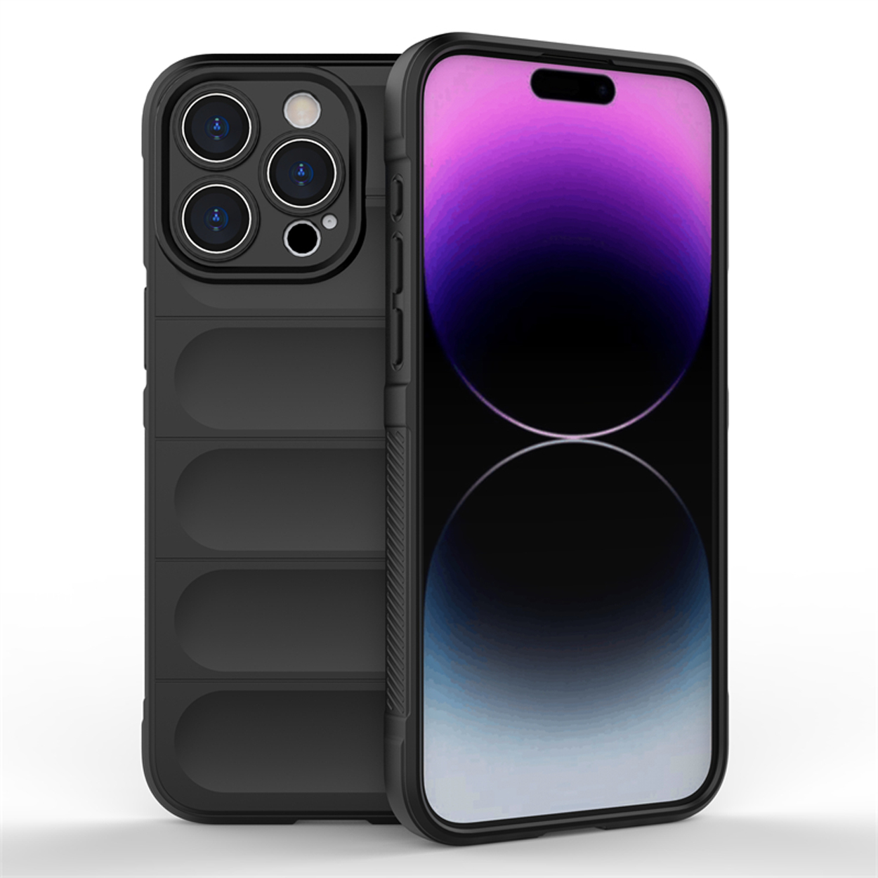 Zwarte telefoonhoes op witte achtergrond. De hoes heeft een beschermend ontwerp, het scherm is zichtbaar.