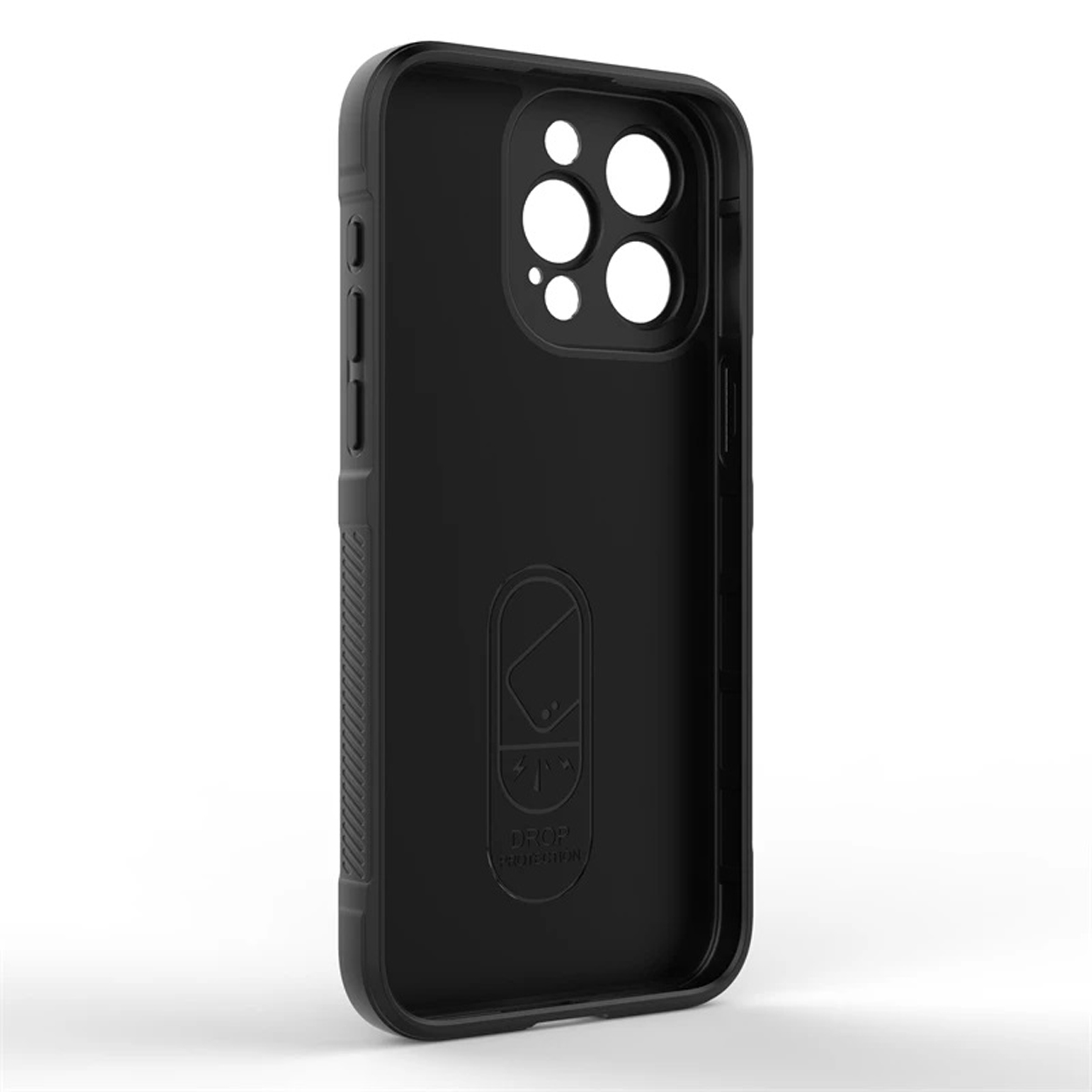 Zwarte telefoonhoes met uitsparingen voor camera en knoppen. De hoes is stevig.