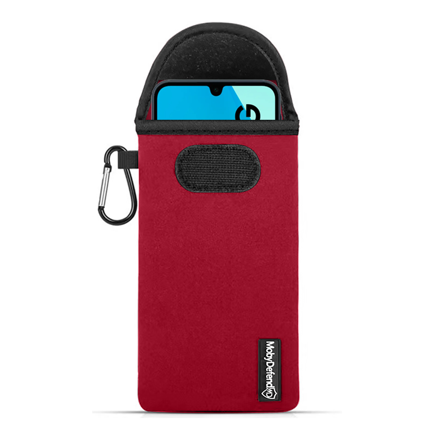 Housse de téléphone rouge, avec un téléphone à l'intérieur. Clip noir à gauche et logo Mobydfender.