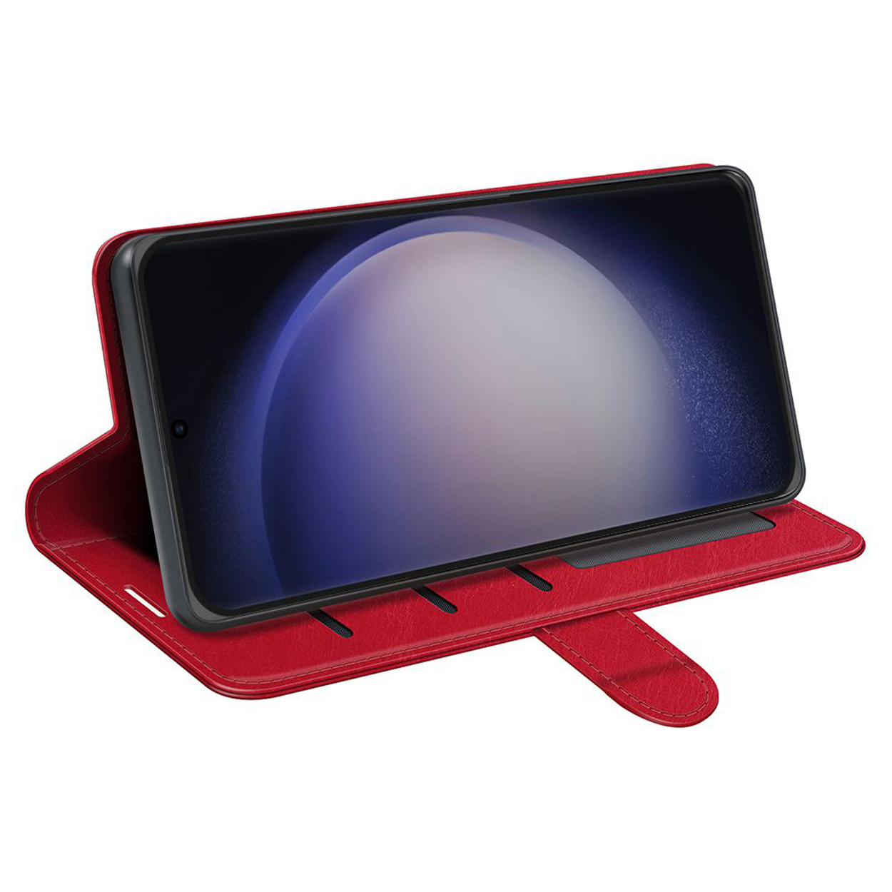 Rode telefoonhoes, open weergave met een telefoon erin. De hoes is rood en de telefoon is zichtbaar.