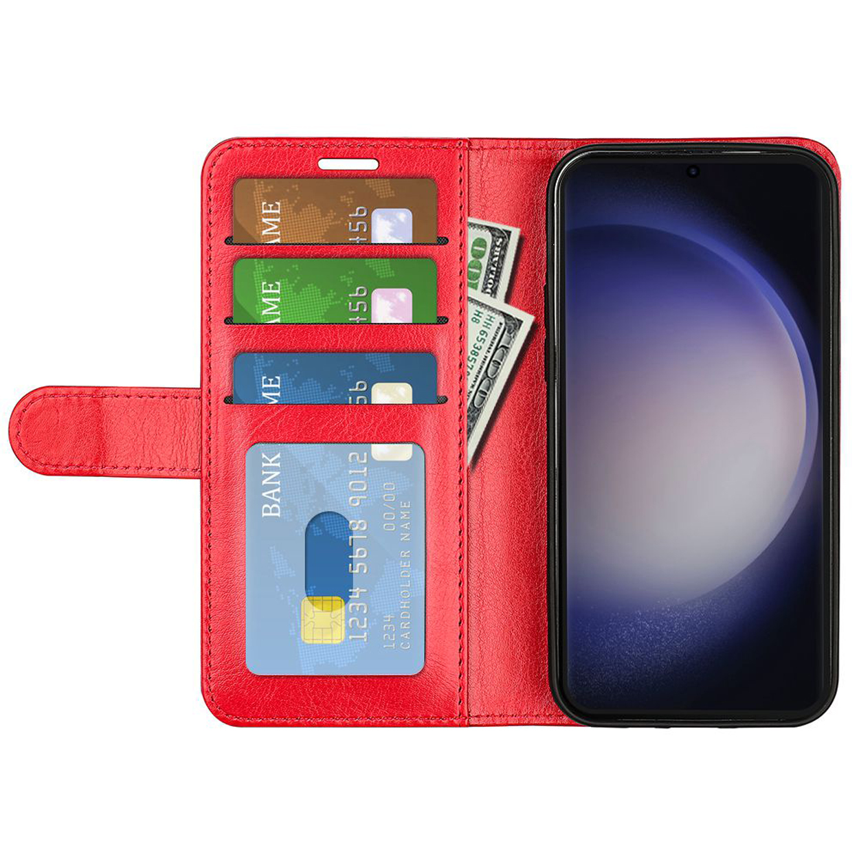 Rode leren telefoonhoes open, toont kaarten, contant geld en een telefoon. Op een witte achtergrond.
