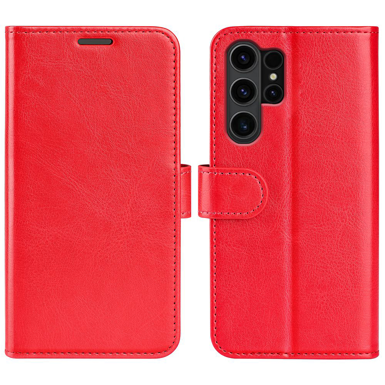 Rode leren telefoonhoes, open, met telefoon zichtbaar. Magnetische sluiting en stiksels.