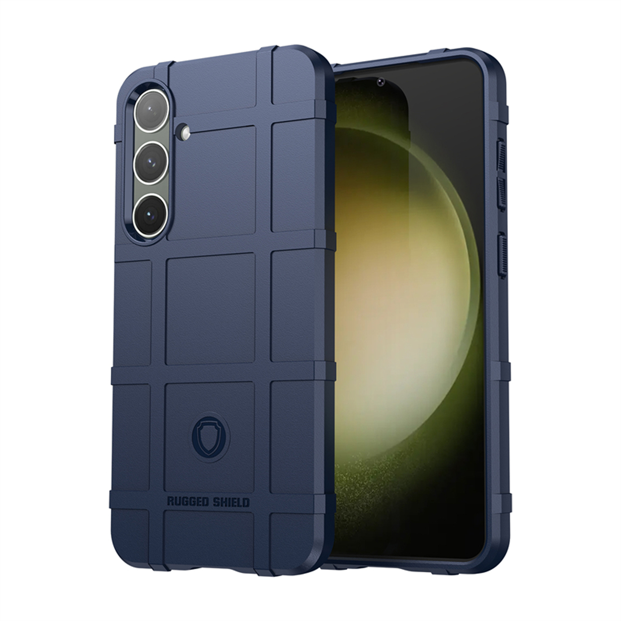 Coque de téléphone bleue avec motif quadrillé.