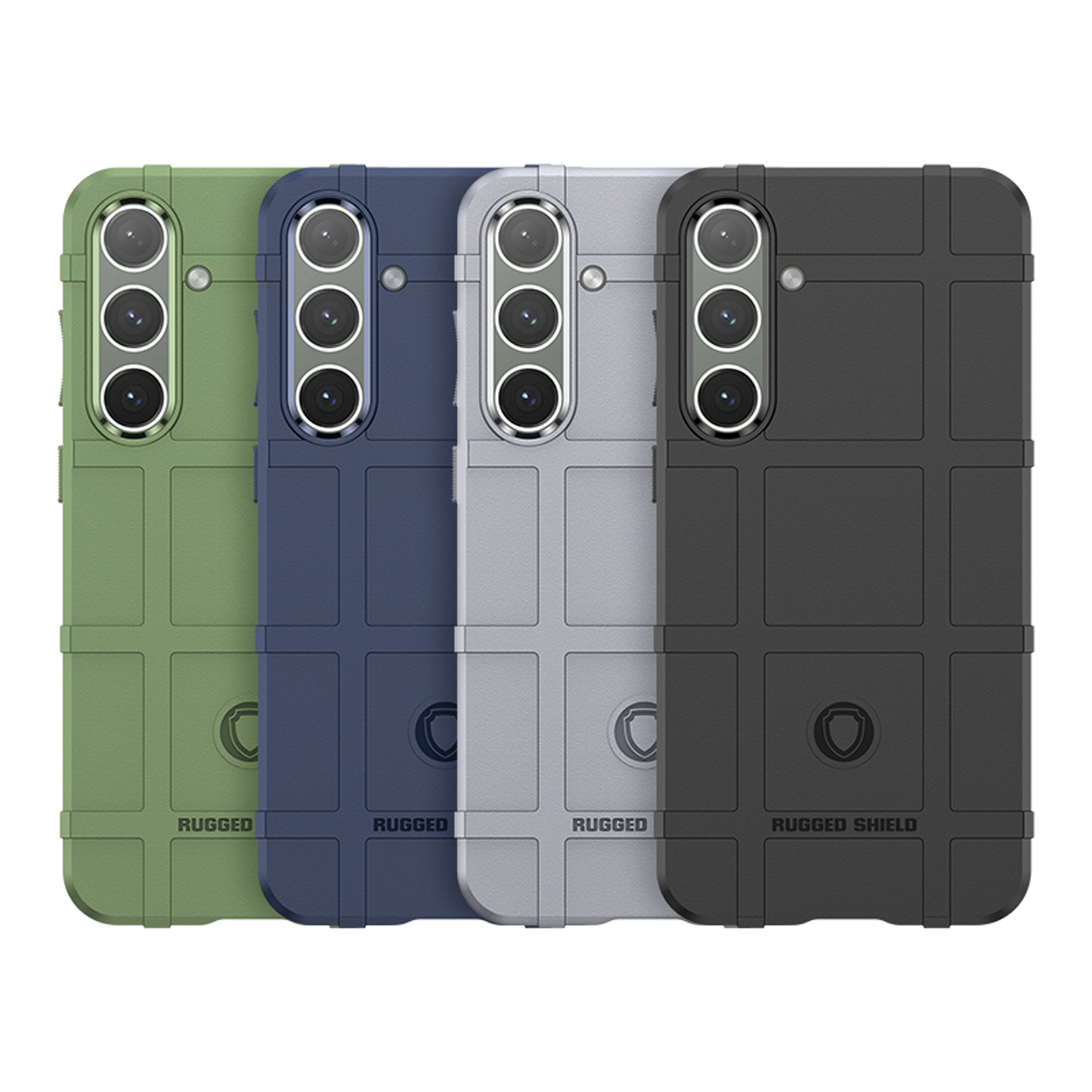 Vier gekleurde telefoonhoesjes: groen, blauw, grijs en zwart. Ze hebben een textuurontwerp.