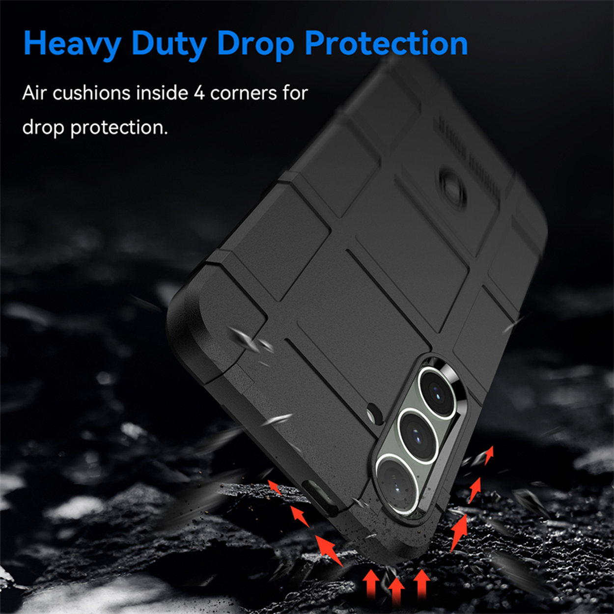 Zwarte telefoonhoes met de telefoon erin. De tekst zegt Heavy Duty Drop Protection. De achtergrond is zwart.