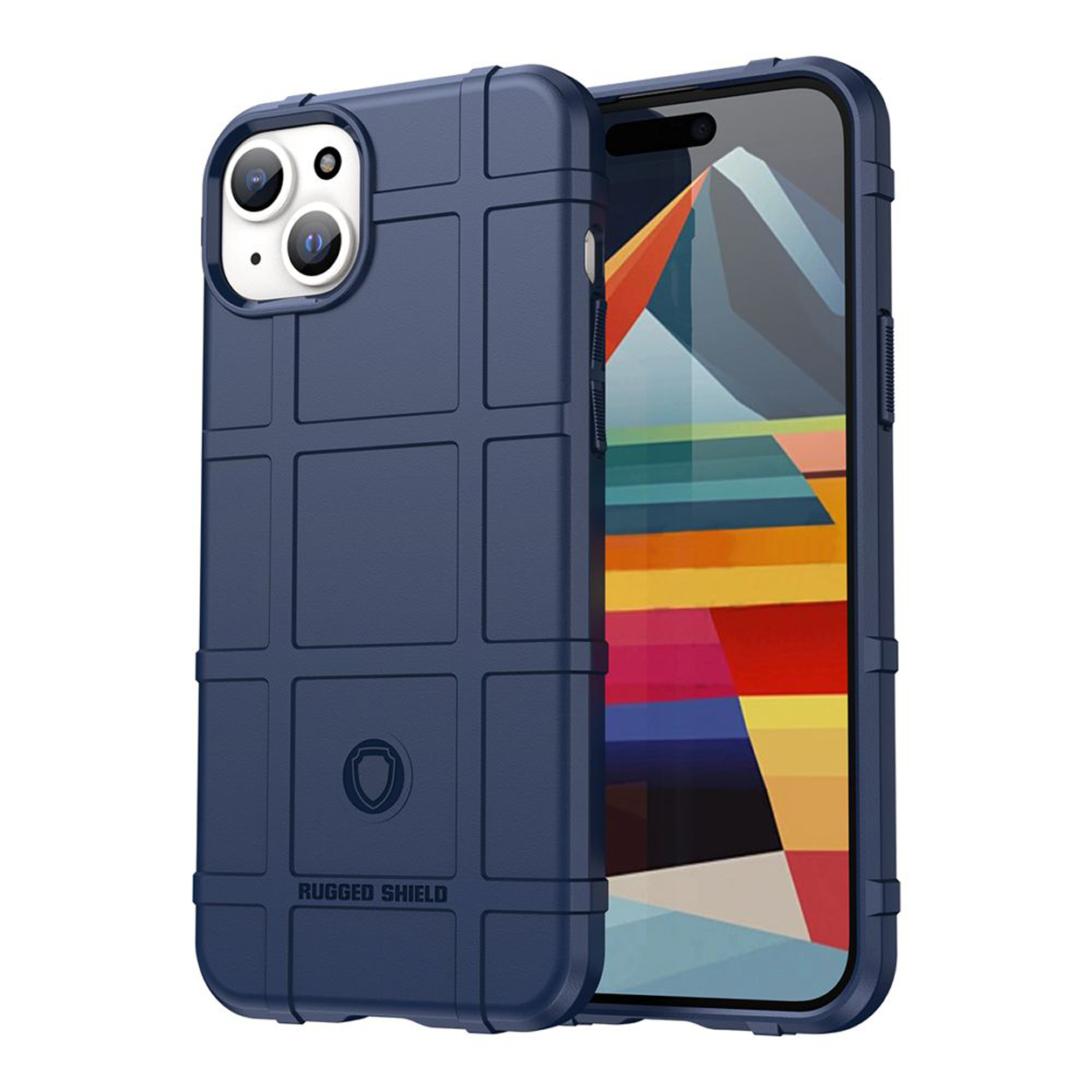 Blauwe telefoonhoes met een rasterpatroon. Telefoonscherm toont een kleurrijke afbeelding.