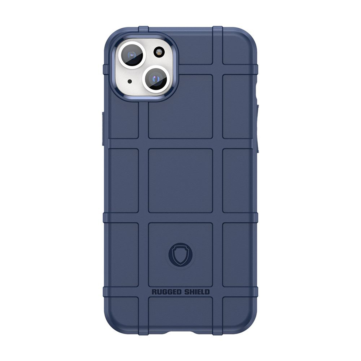 Blauwe robuuste telefoonhoes met een vierkant patroon. Het Rugged Shield-logo is zichtbaar.
