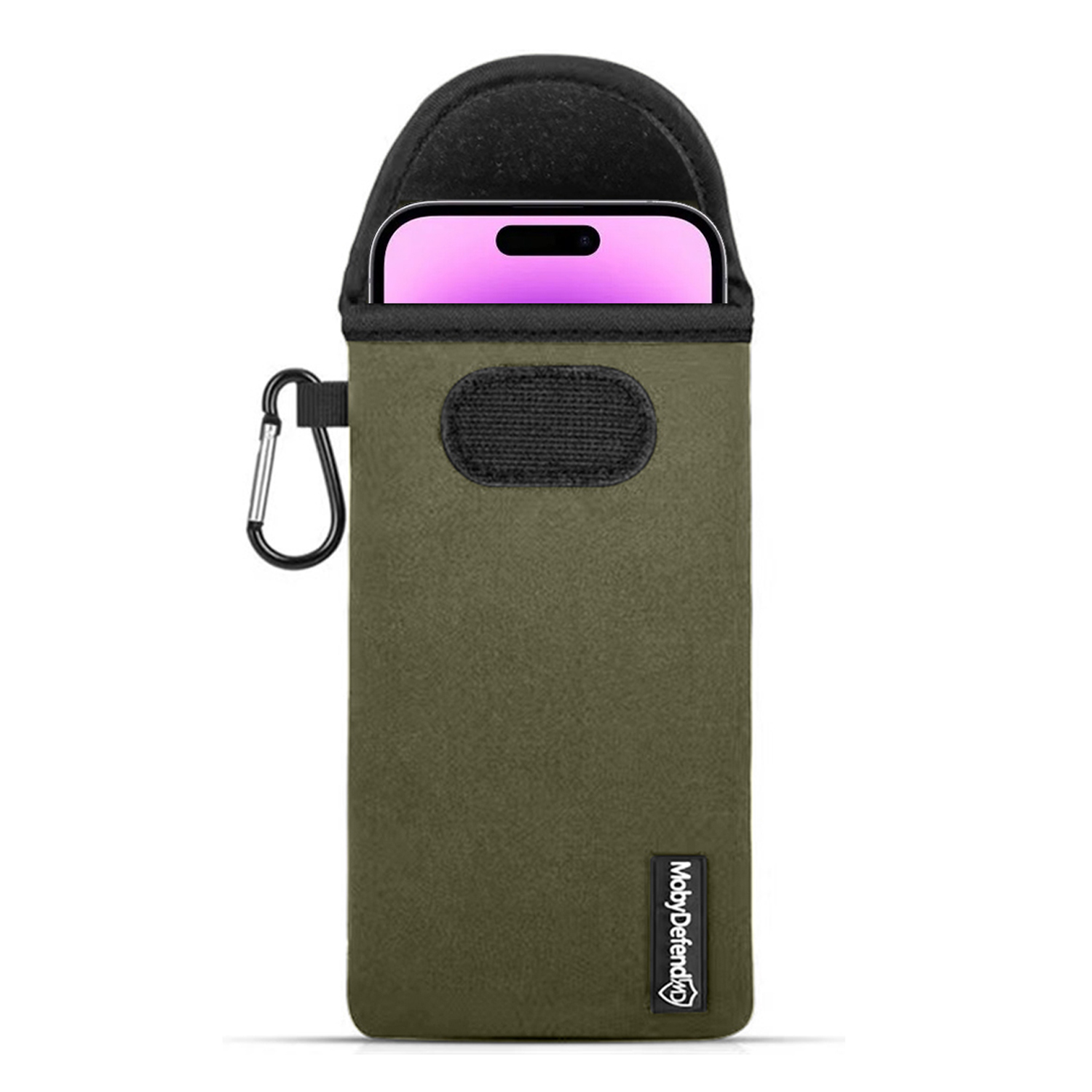 Étui de téléphone vert olive, dessus noir, téléphone à l'intérieur et crochet argenté.