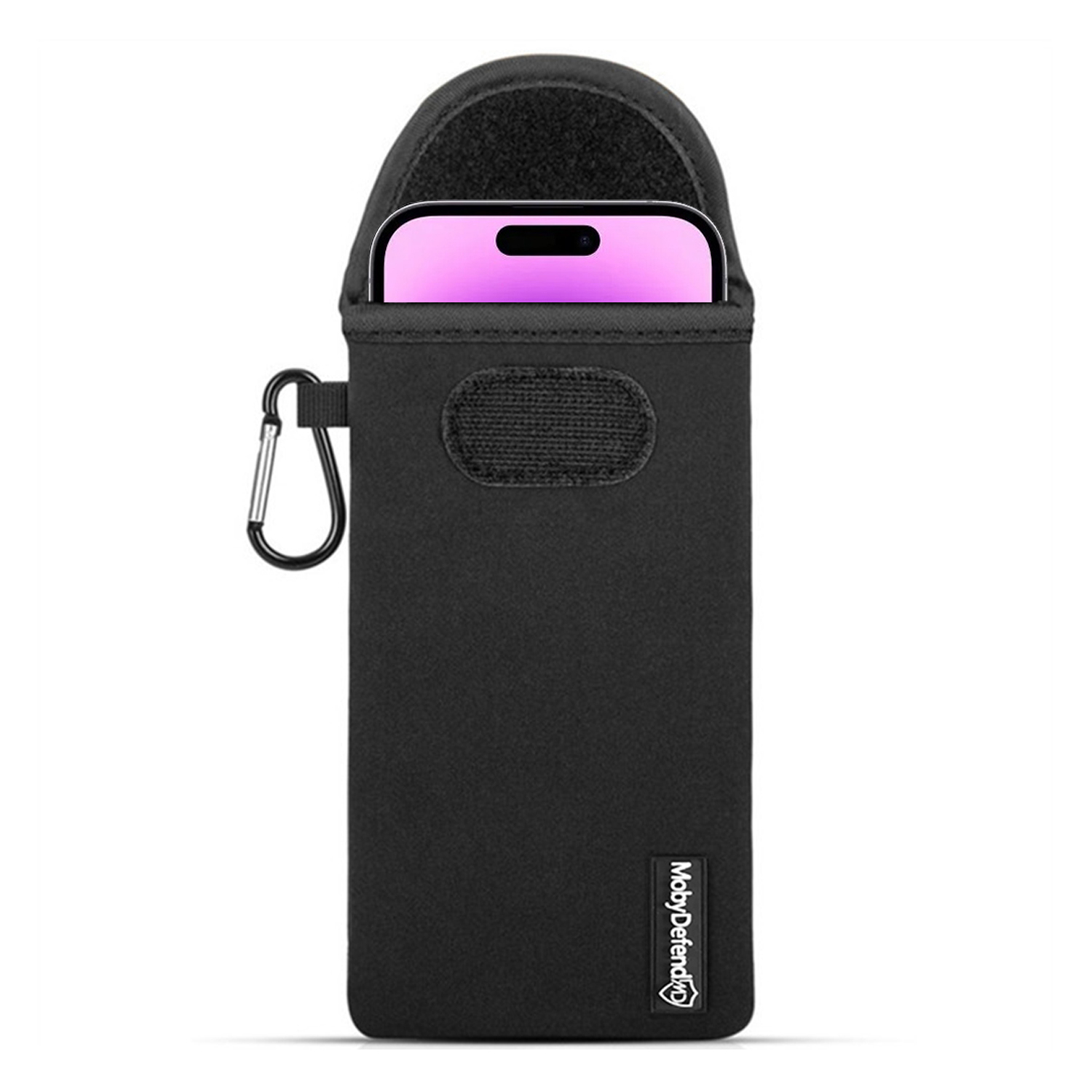 Zwarte telefoonzak met telefoon erin, met een karabijnhaak.