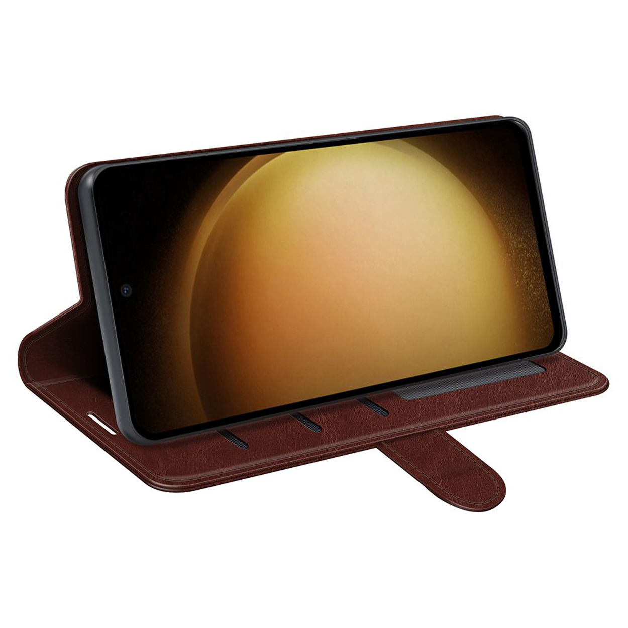 Een bruine telefoonhoes is open en toont een omhooggeklapte telefoon. Het scherm toont een afbeelding. Het heeft een lederlook.