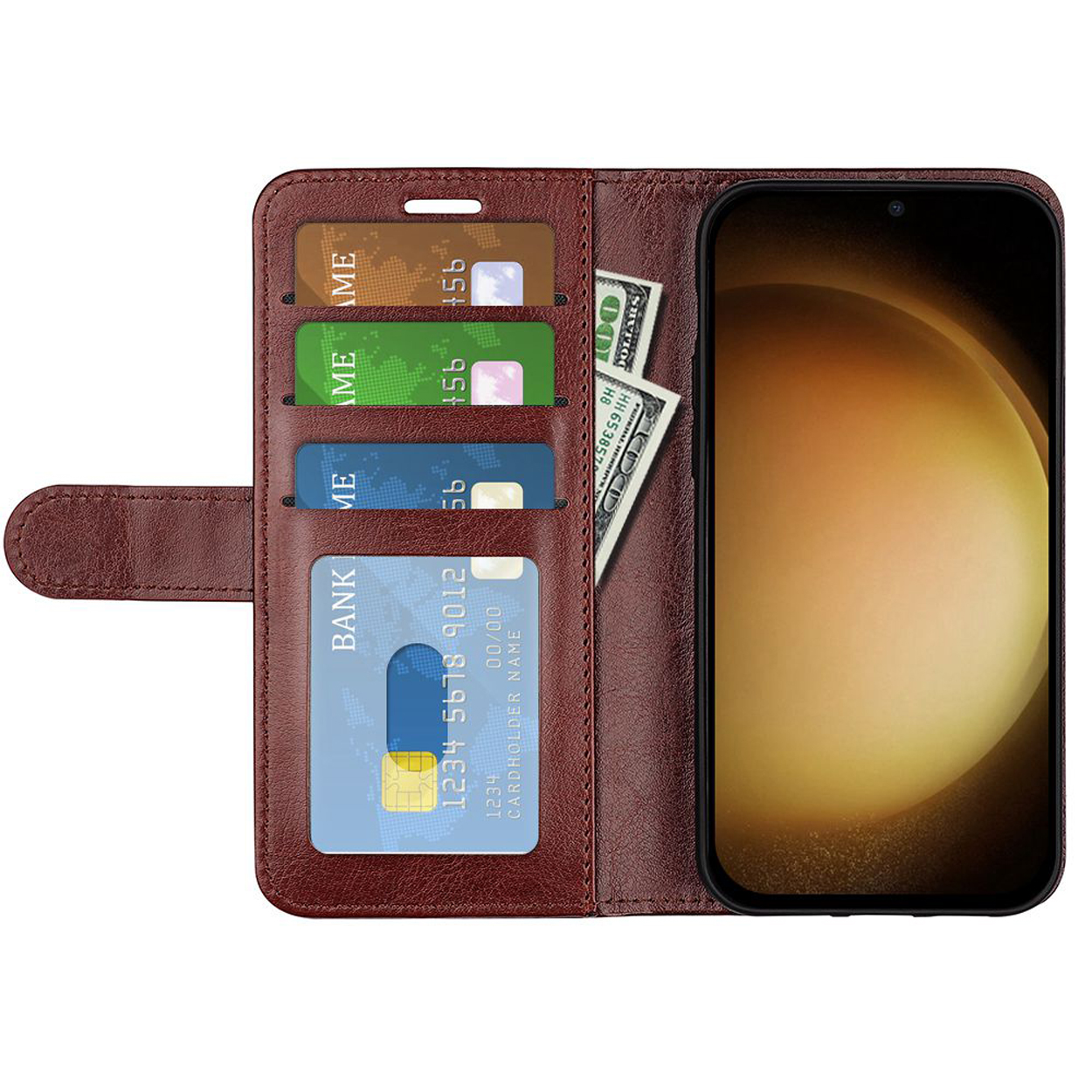 Bruine telefoonhoes, met kaarten, geld en een telefoon zichtbaar. De hoes is open.