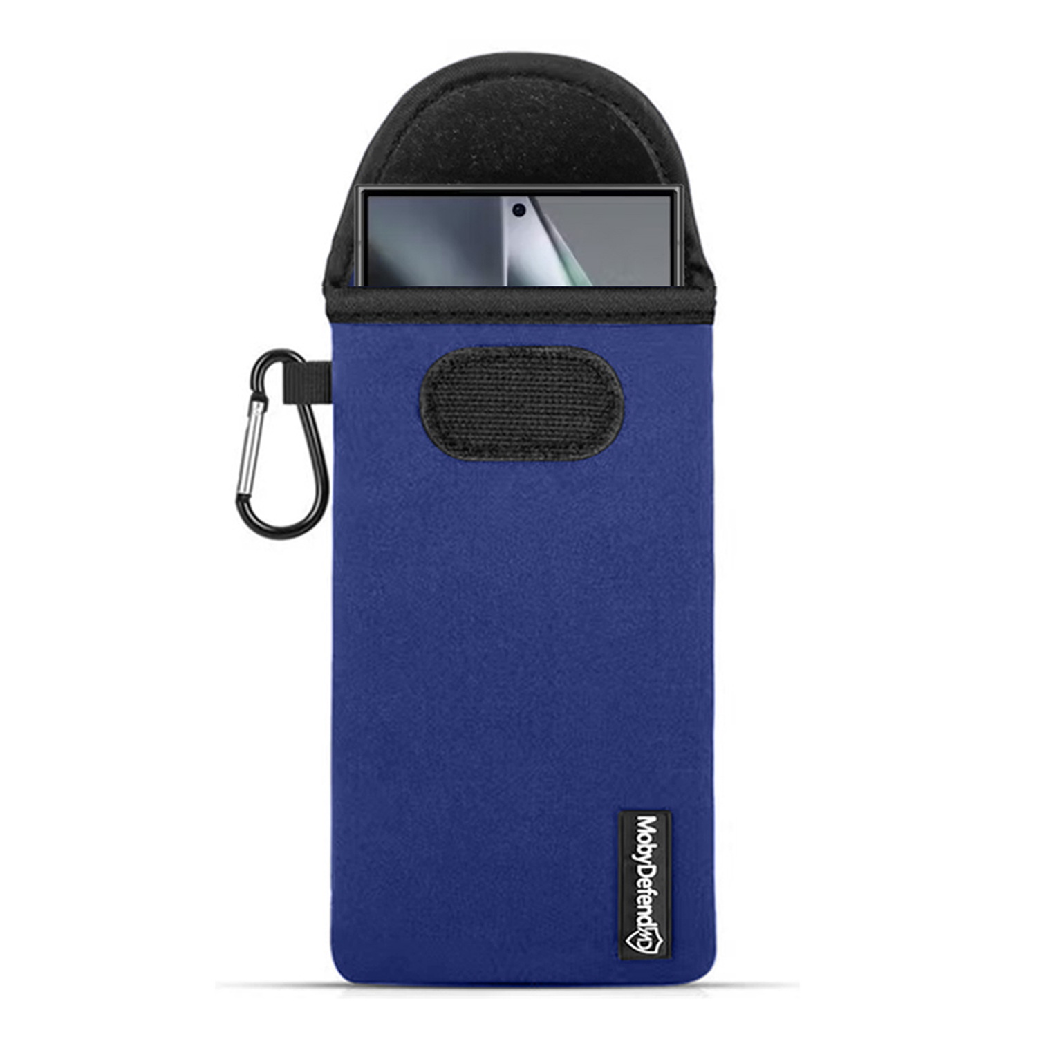 Une housse de téléphone bleue avec un mousqueton.