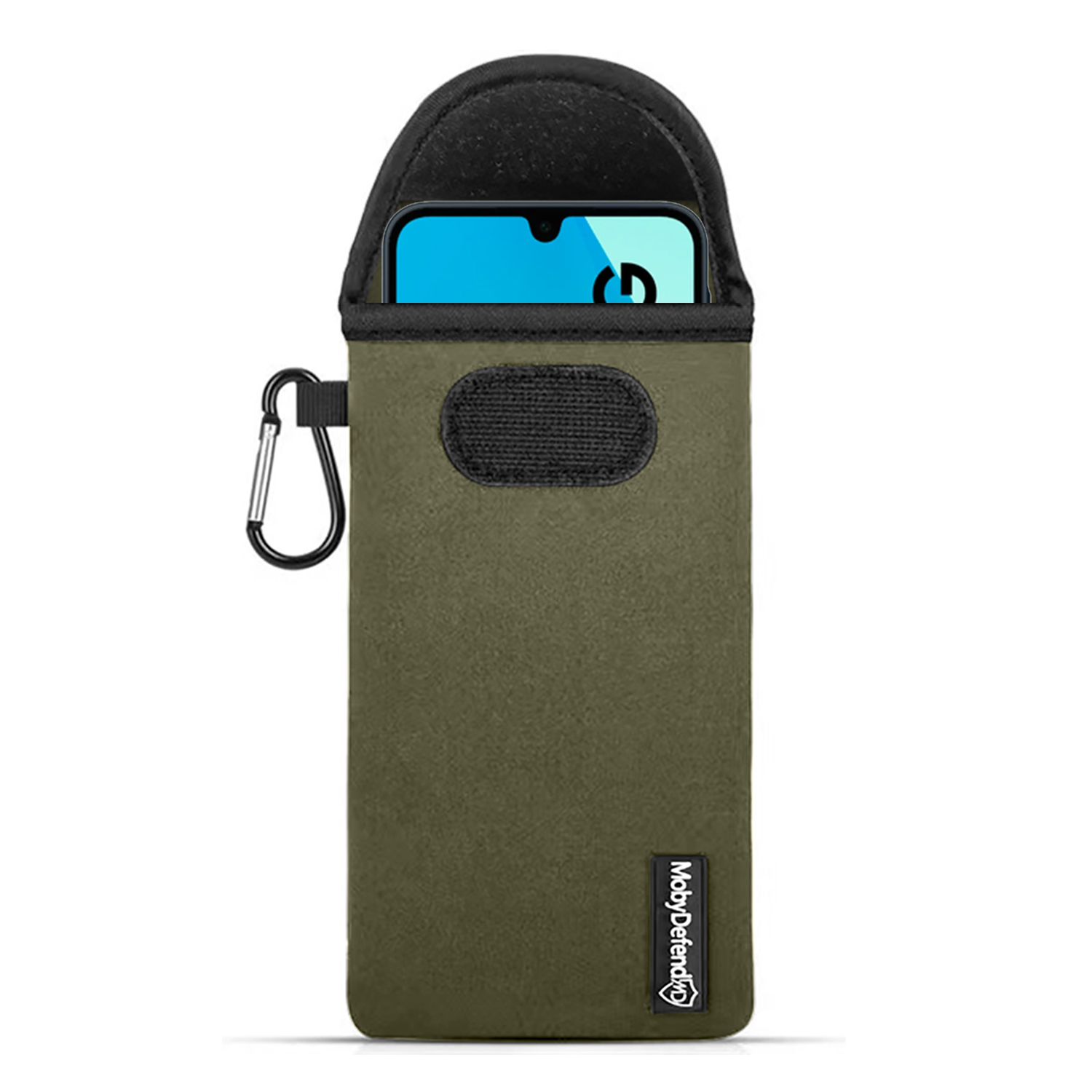 Housse de téléphone vert olive avec dessus noir et crochet argenté. Téléphone partiellement visible.
