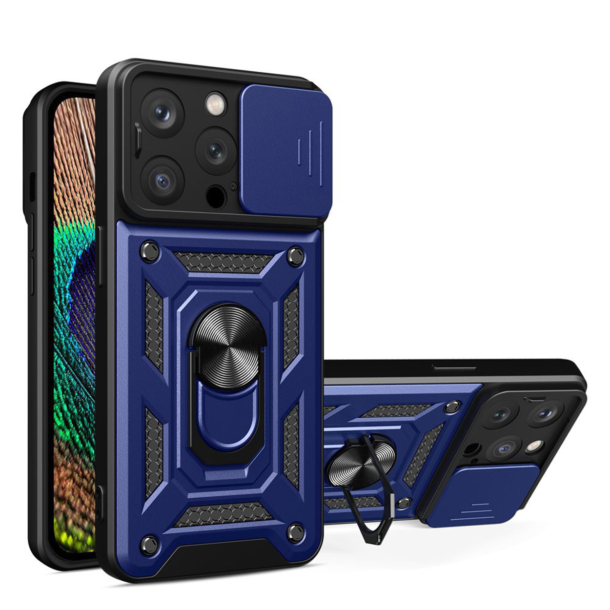 Blauwe en zwarte telefoonhoes, met ringhouder. Twee telefoonhoesjes op witte achtergrond.