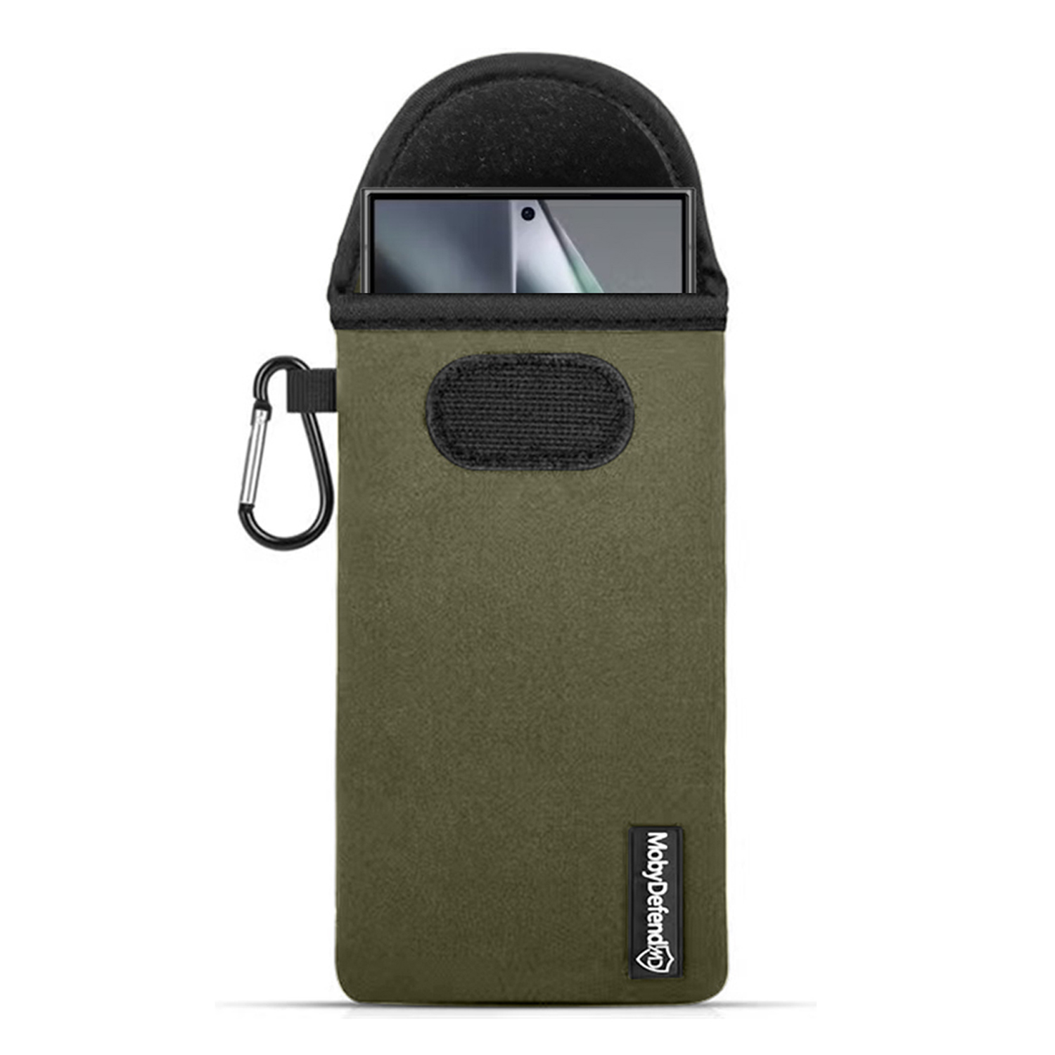 Olijfgroene telefoonzak met een telefoon erin en een karabijnhaak.