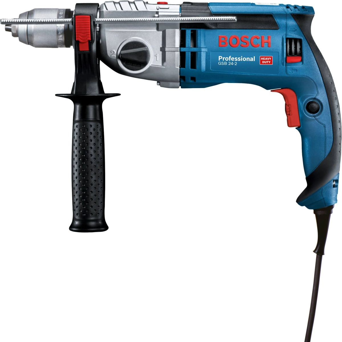 Taladro profesional Bosch azul y plateado con mango negro y botón rojo de encendido.