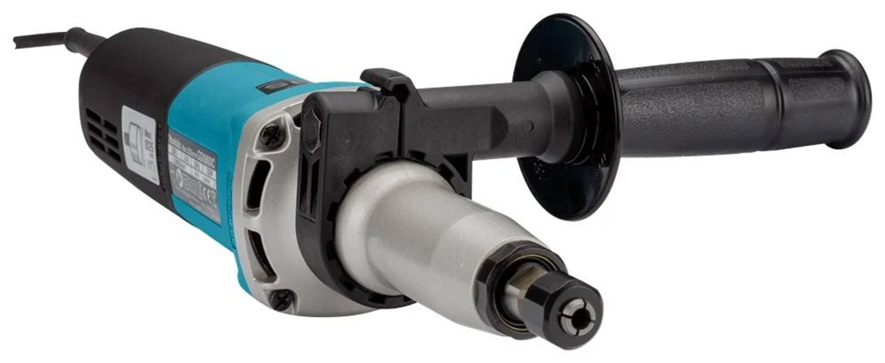 Elektryczna szlifierka, z czarnym i turkusowym korpusem i dwoma uchwytami.