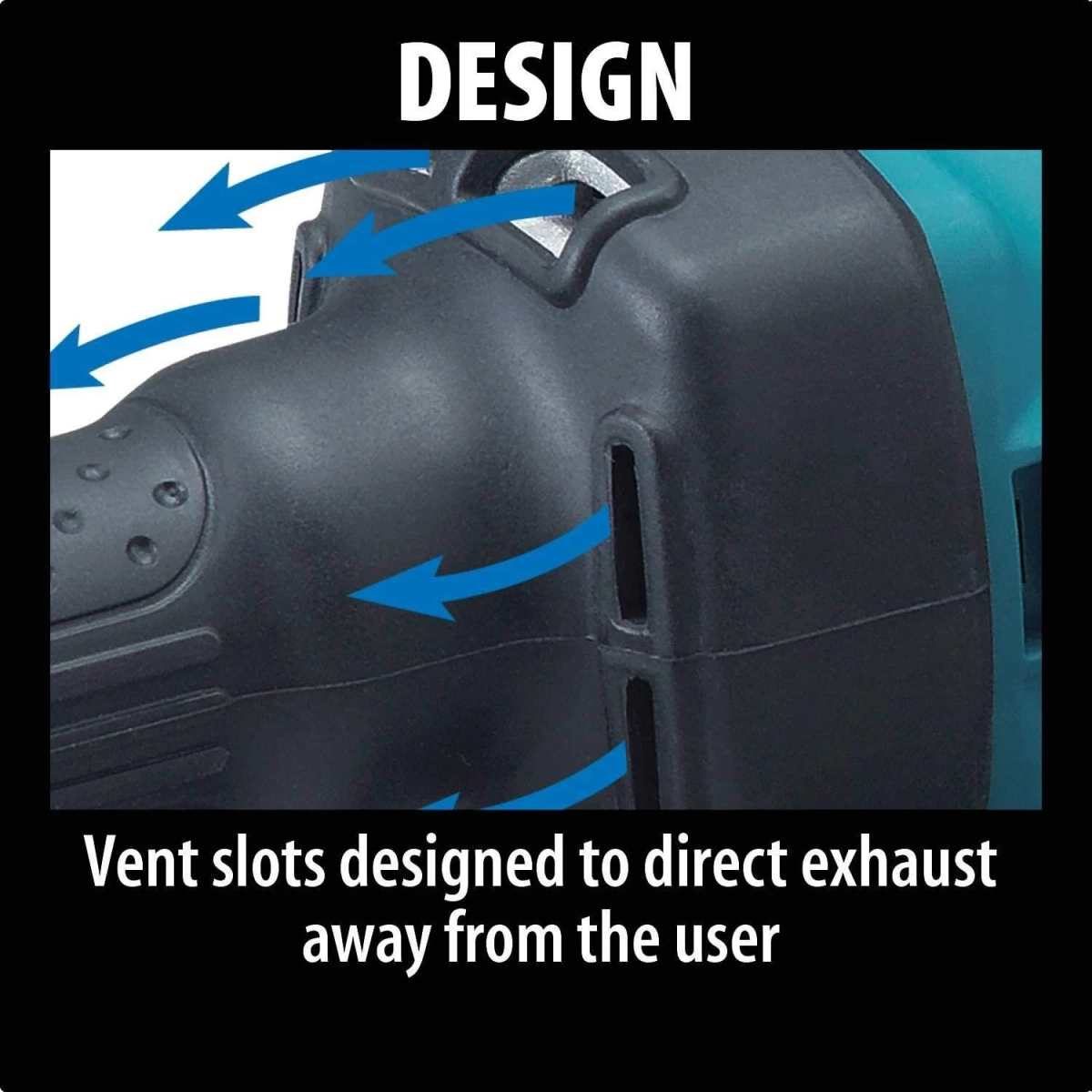 Diseño de una herramienta con flechas azules que indican el flujo de aire de escape lejos del usuario.