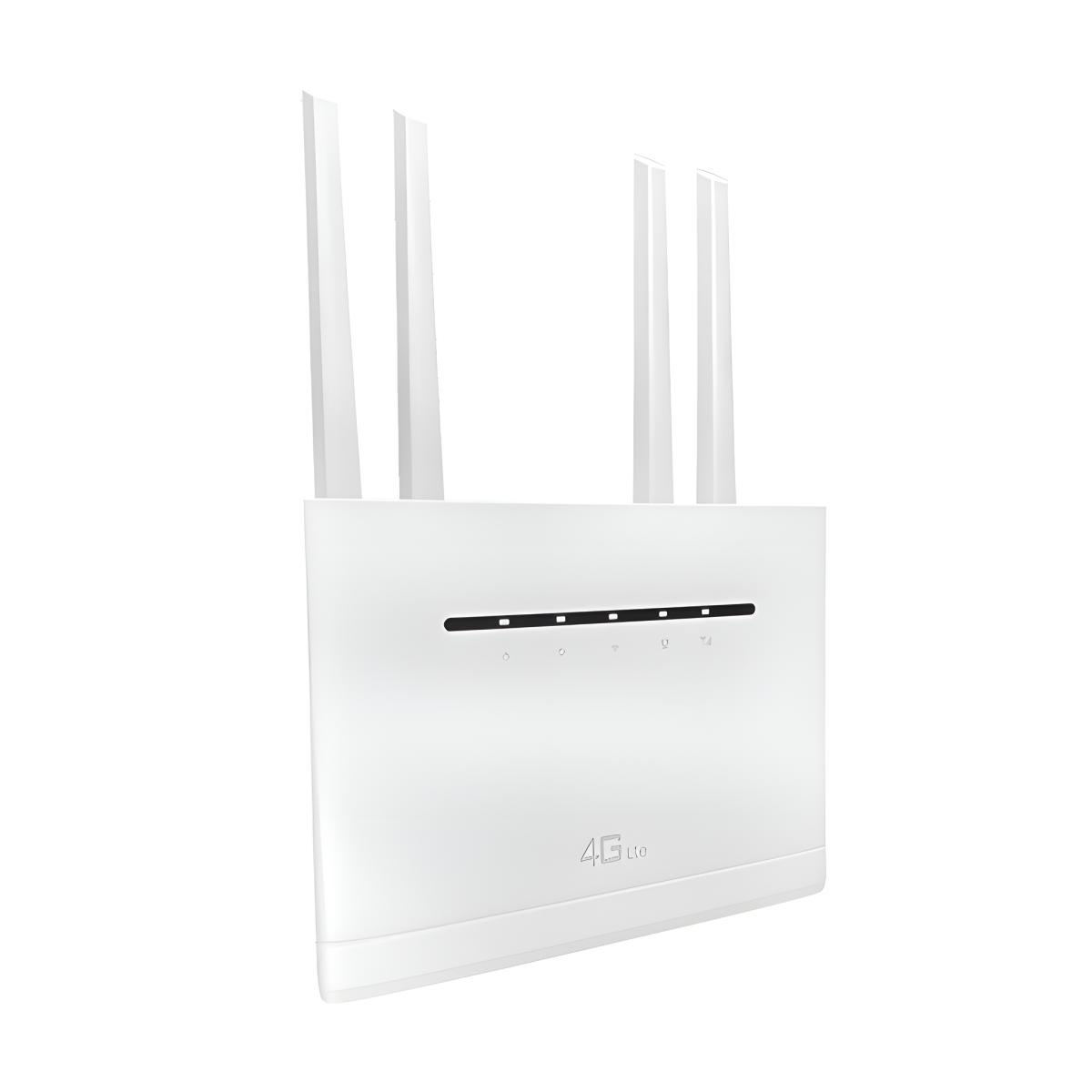 Ein weißer 4G-Router mit vier Antennen auf weißem Hintergrund.