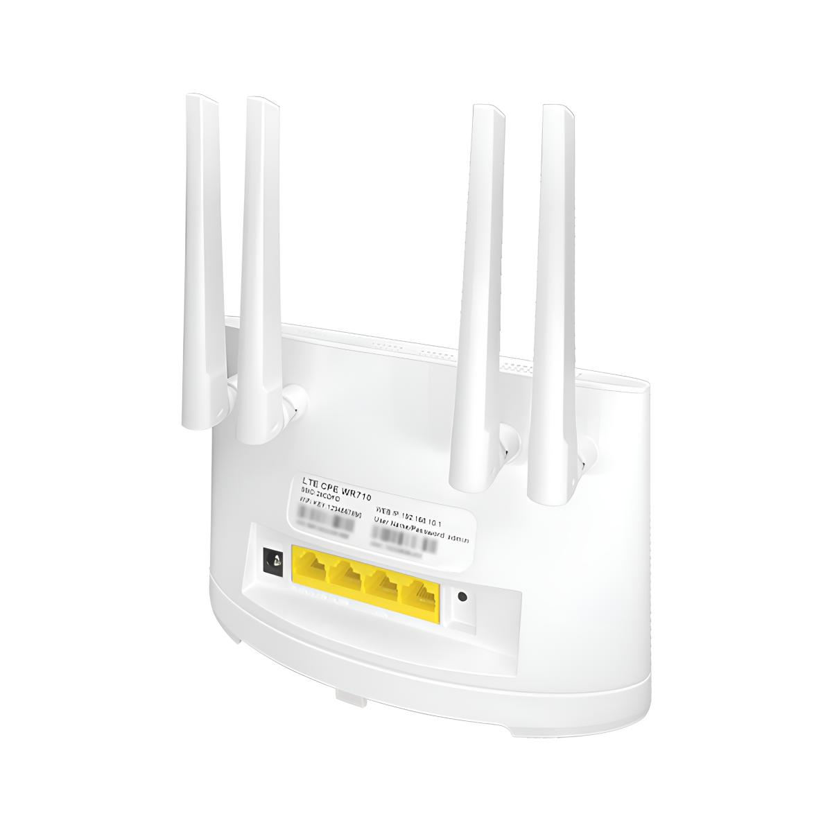 Ein weißer Router mit vier Antennen und gelben Anschlüssen.