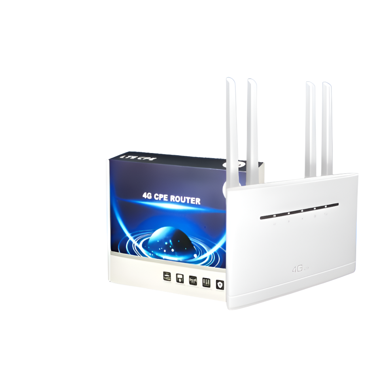 Ein weißer 4G CPE-Router und seine Box. Der Router hat Antennen.