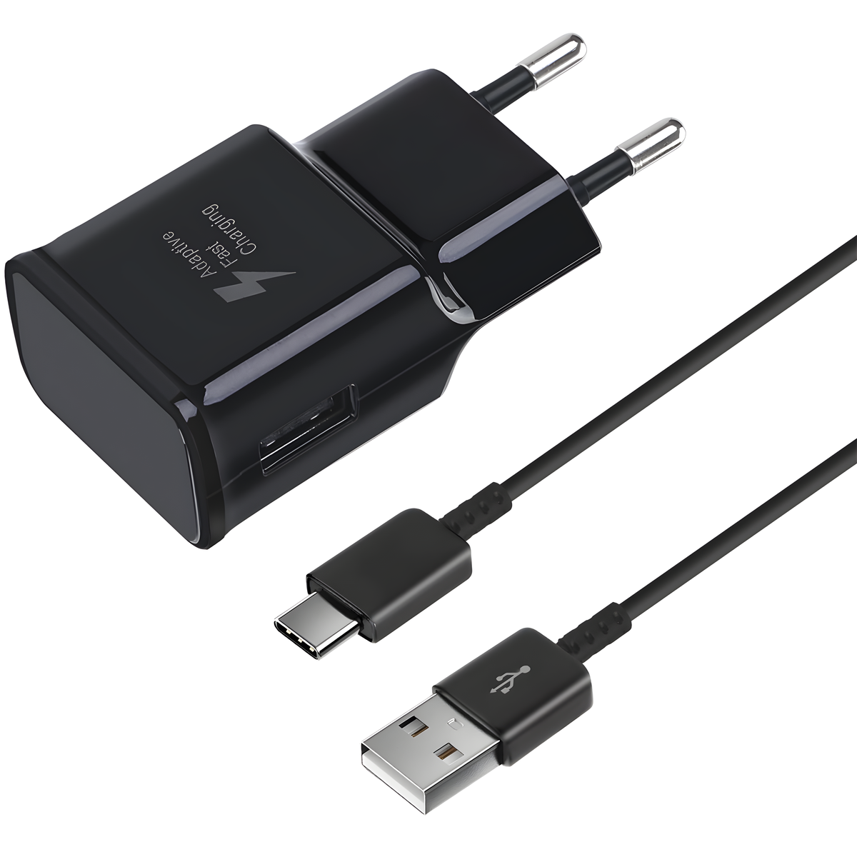 Ein schwarzes Smartphone-Ladegerät mit USB-C- und USB-Kabel. Das Ladegerät ist schwarz.