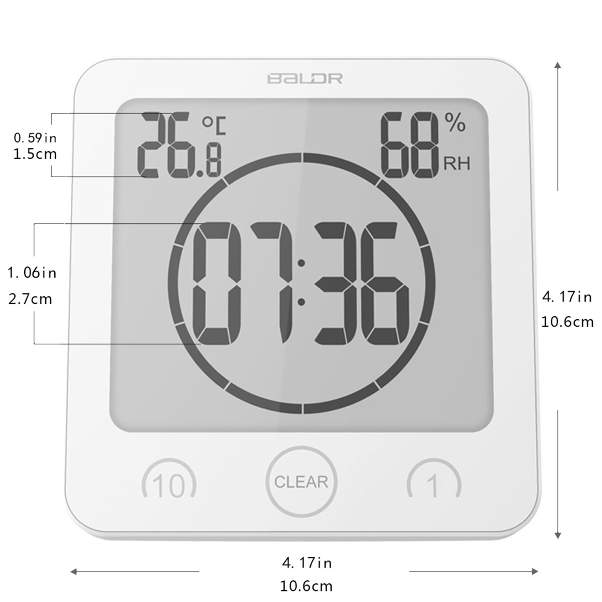 Weiße Digitaluhr mit Temperatur und Luftfeuchtigkeit. Weißer Hintergrund.