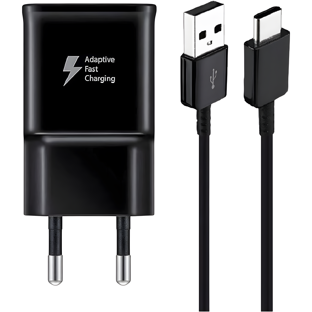 Schwarzes Ladegerät mit USB- und USB-C-Kabel. Adaptive Schnelllade-Kennzeichnung.
