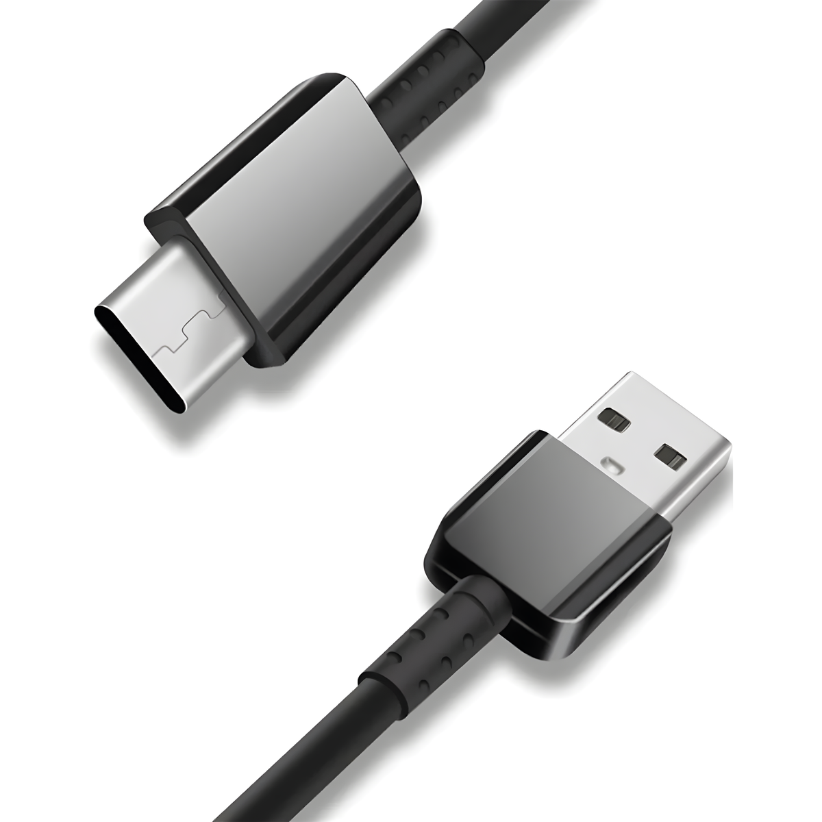 Nahaufnahme von USB-C- und USB-A-Kabelanschlüssen. Sie sind schwarz und glänzend.