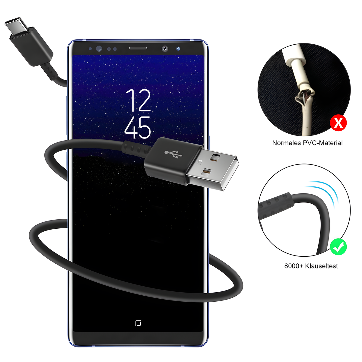 Ein Telefon, das mit einem USB-Kabel verbunden ist. Kabel ist an USB-Anschluss und Telefon angeschlossen.