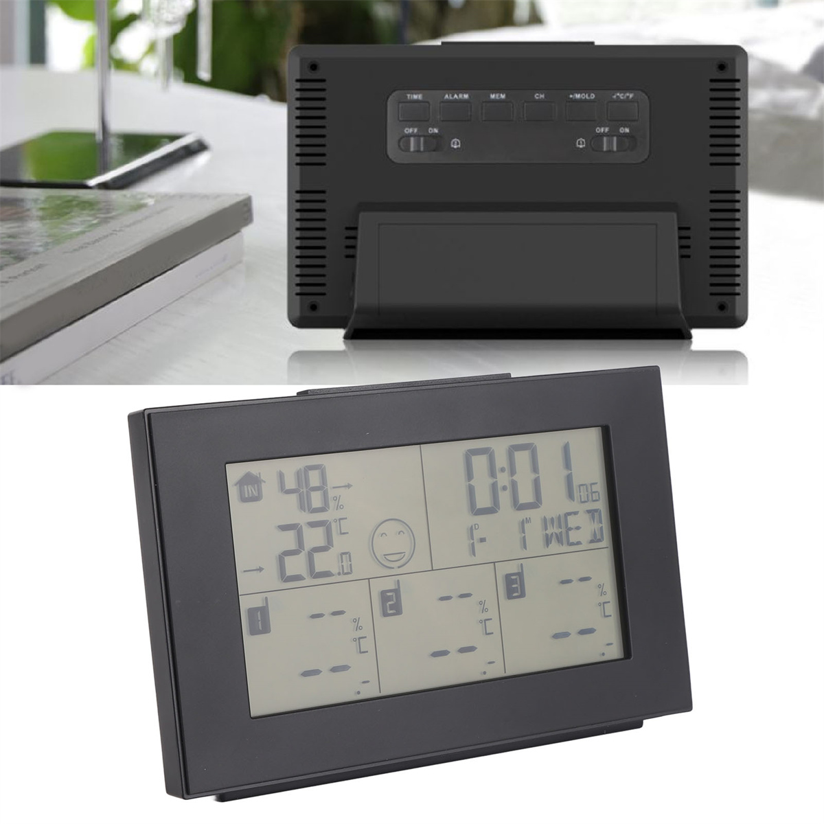 Schwarze digitale Wetterstation mit Display, das Zeit, Datum und Temperatur anzeigt.