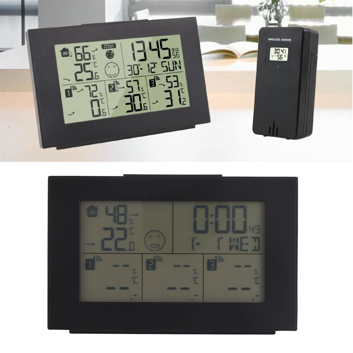 Zwei schwarze digitale Wetterstationen. Eine zeigt das Wetter an, die andere ist ein drahtloser Sensor.