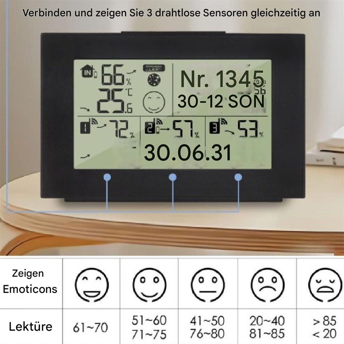 Schwarze digitale Wetterstation mit Temperatur, Luftfeuchtigkeit und Zeit, mit einer Gefühlsskala.
