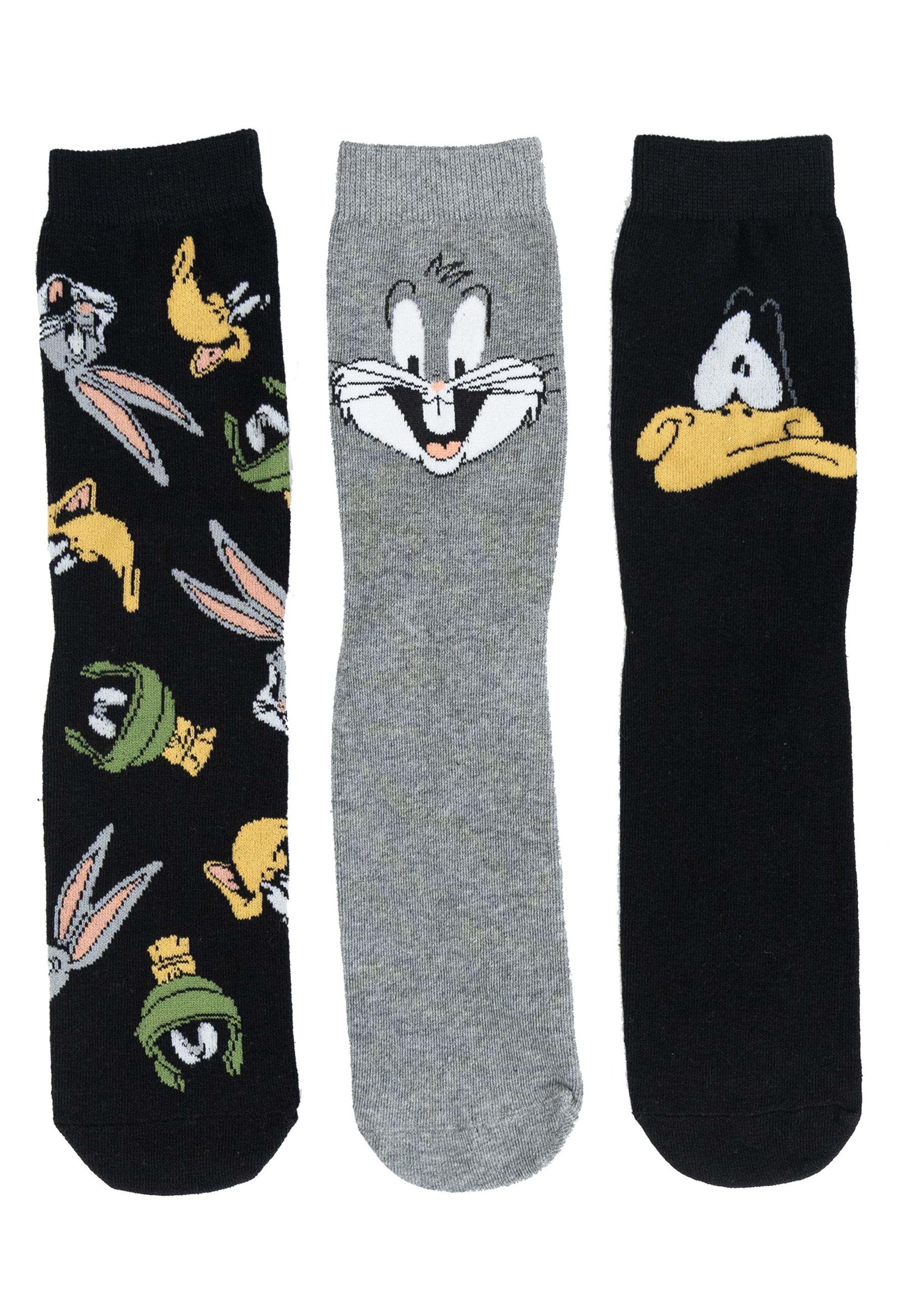 Drei Looney Tunes Socken. Jede hat einen anderen Charakter, Bugs Bunny, Daffy Duck.