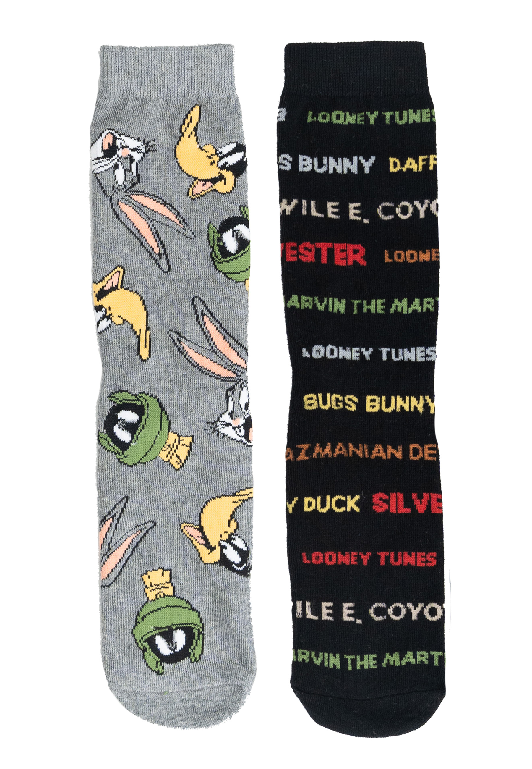 Zwei Paar Socken, eine grau mit Cartoonfiguren, eine schwarz mit Text.