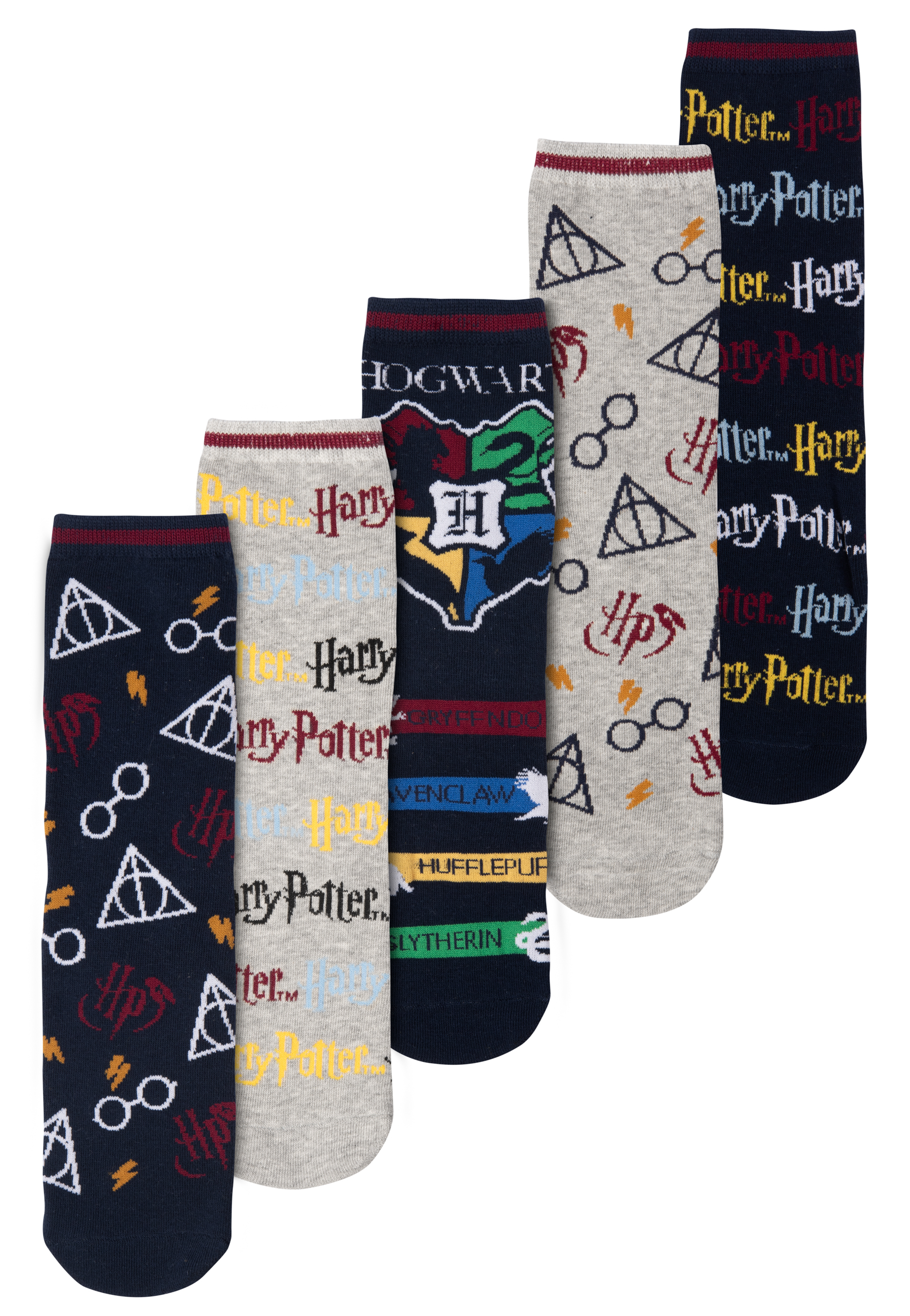 Sechs Harry Potter Socken in verschiedenen Farben.