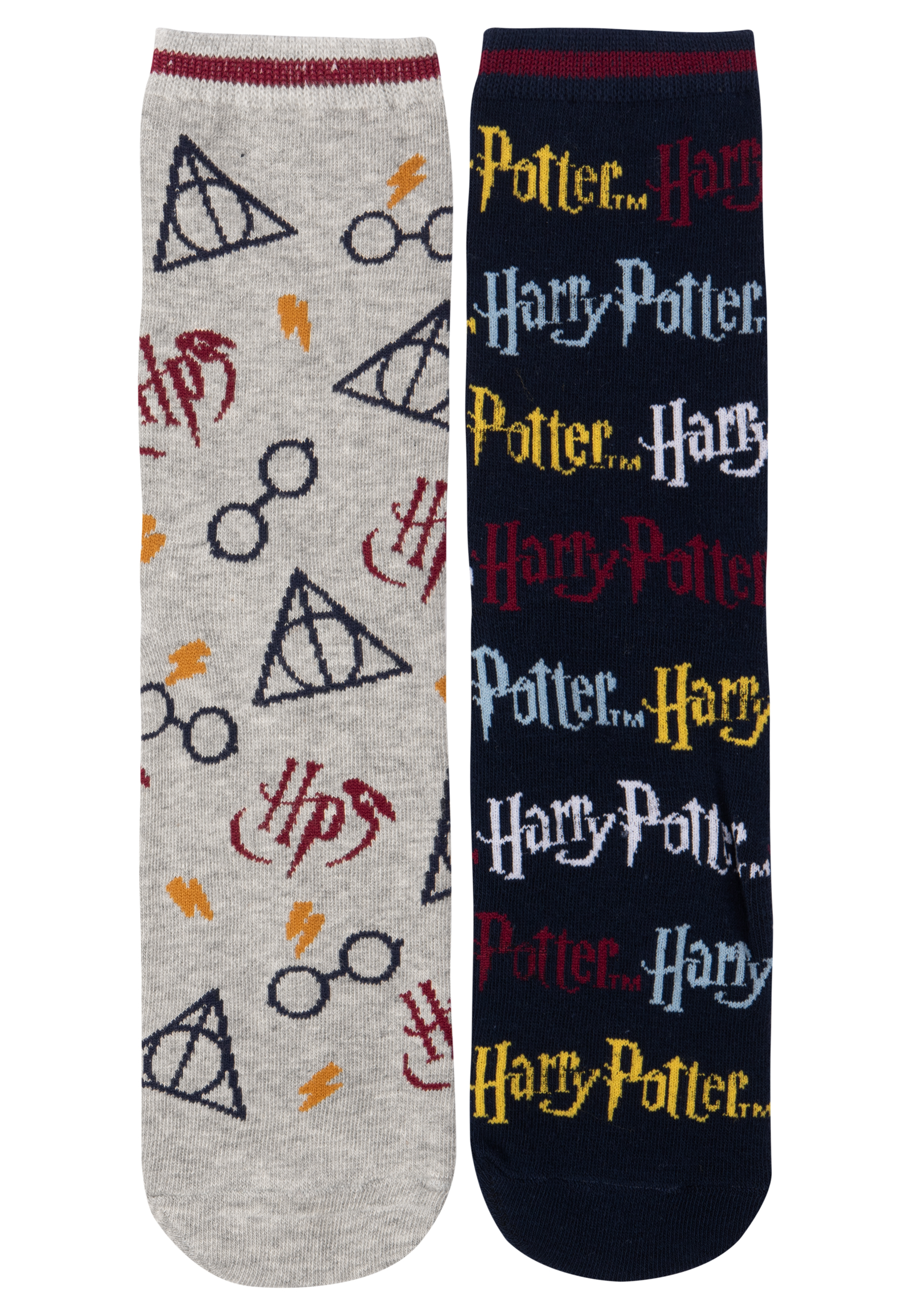 Zwei Paar Harry-Potter-Socken, eines grau mit Symbolen, eines marineblau mit Text.