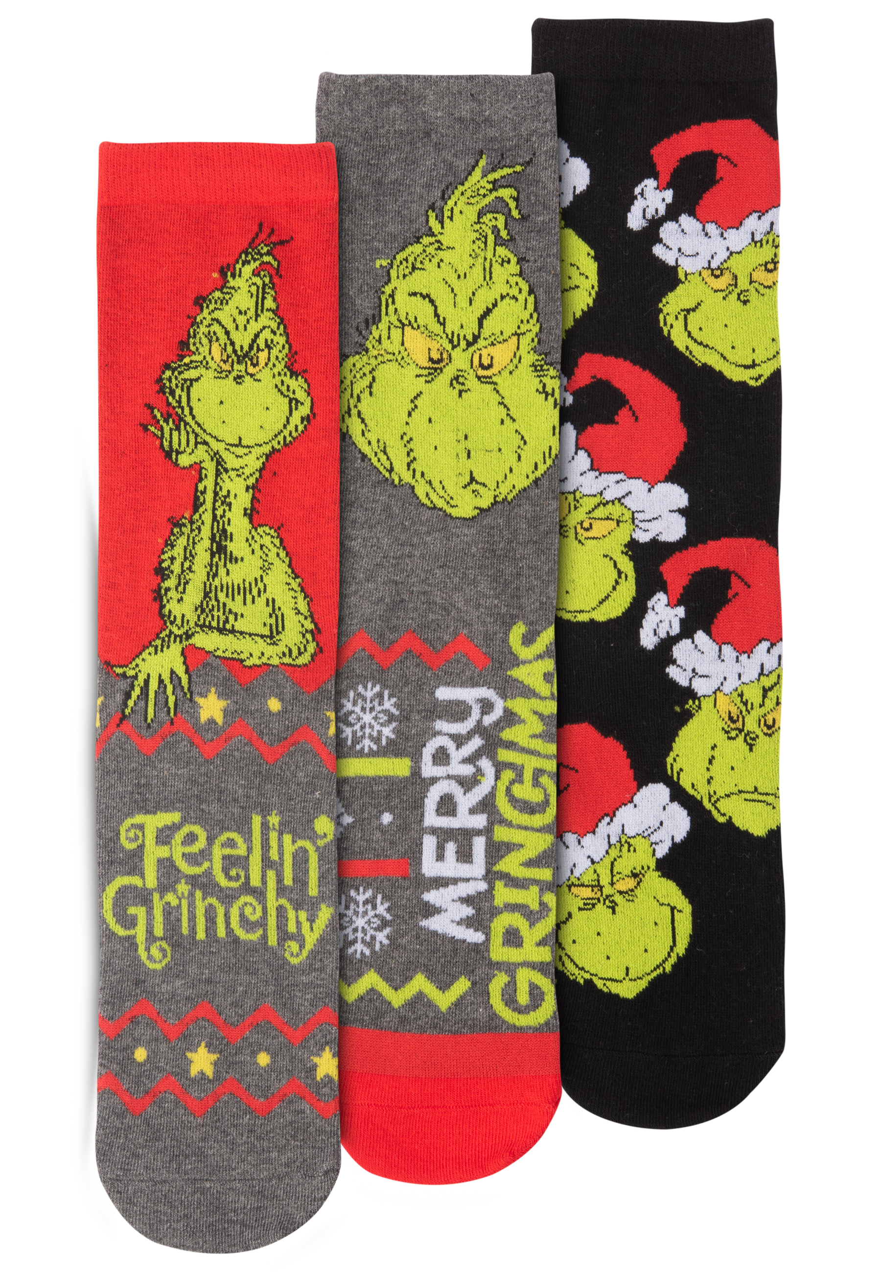 Drei Socken mit Grinch-Gesichtern und dem Text "Merry Grinchmas".
