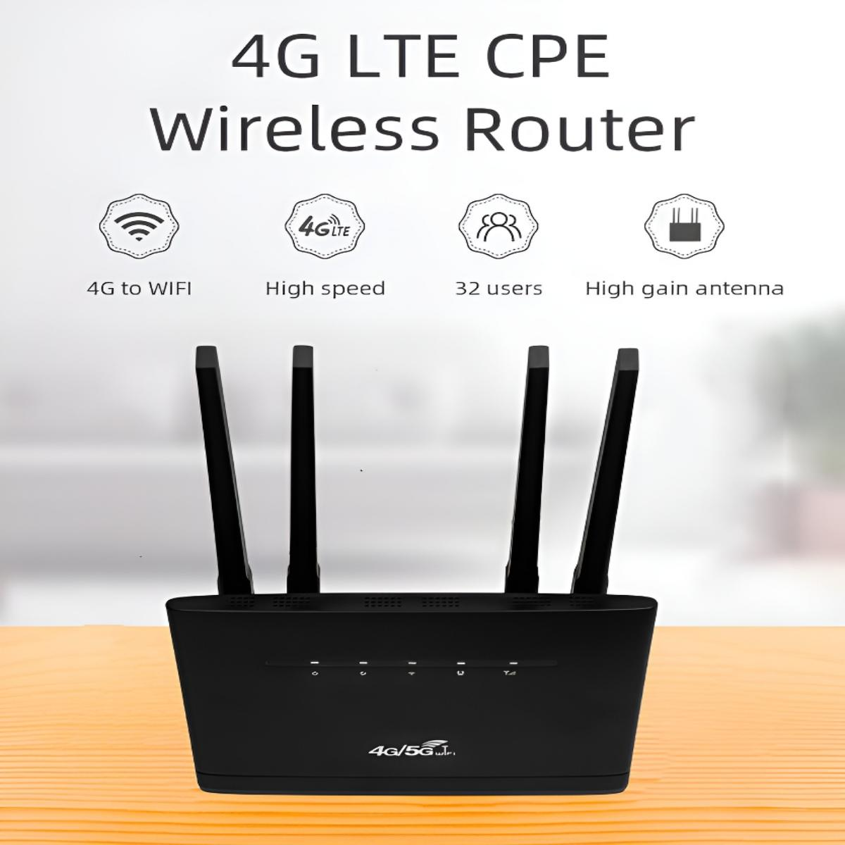Schwarzer 4G LTE CPE Wireless Router mit vier Antennen auf einem Holztisch.