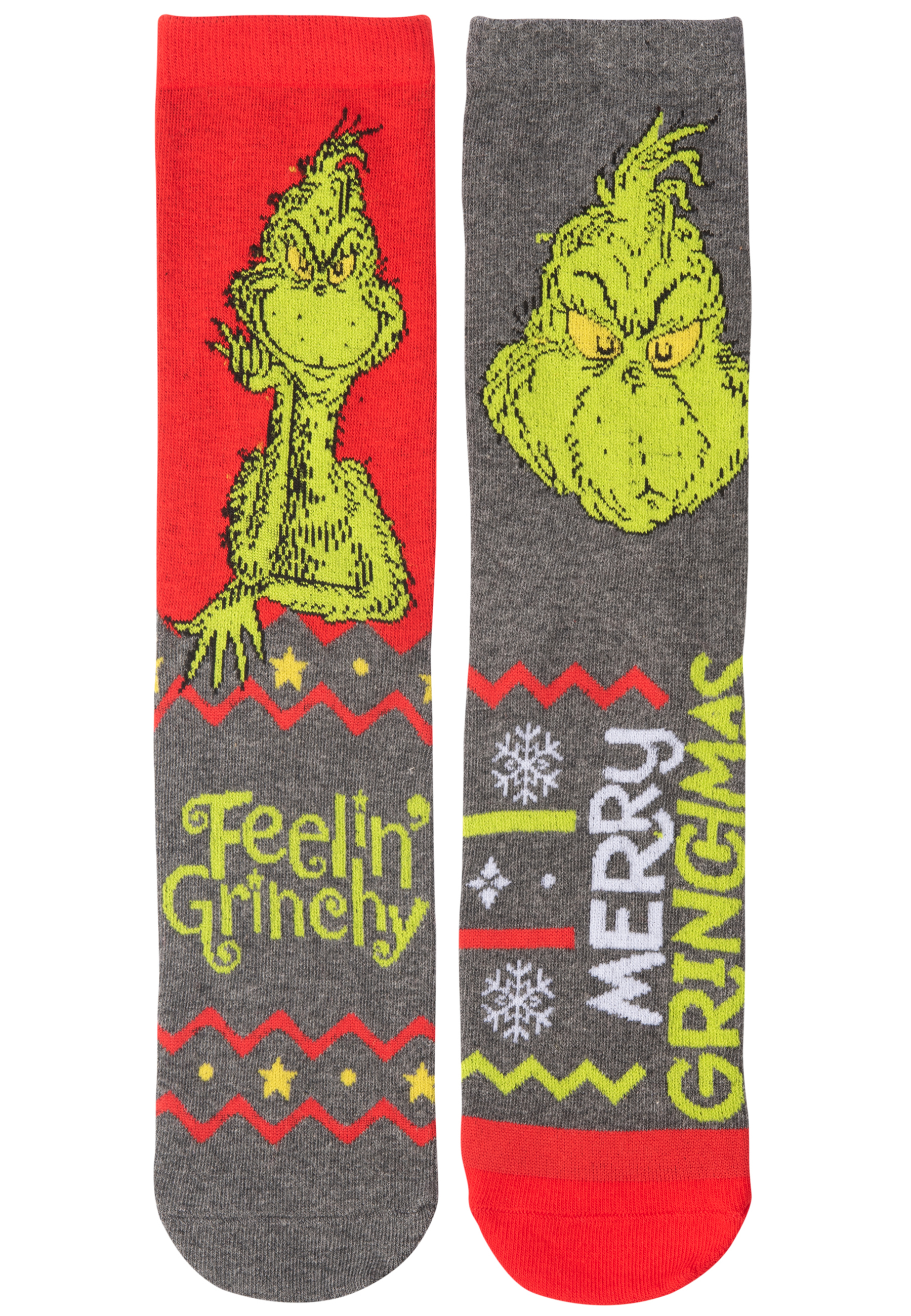 Zwei Socken, eine mit Grinch, eine mit Grinch Gesicht.