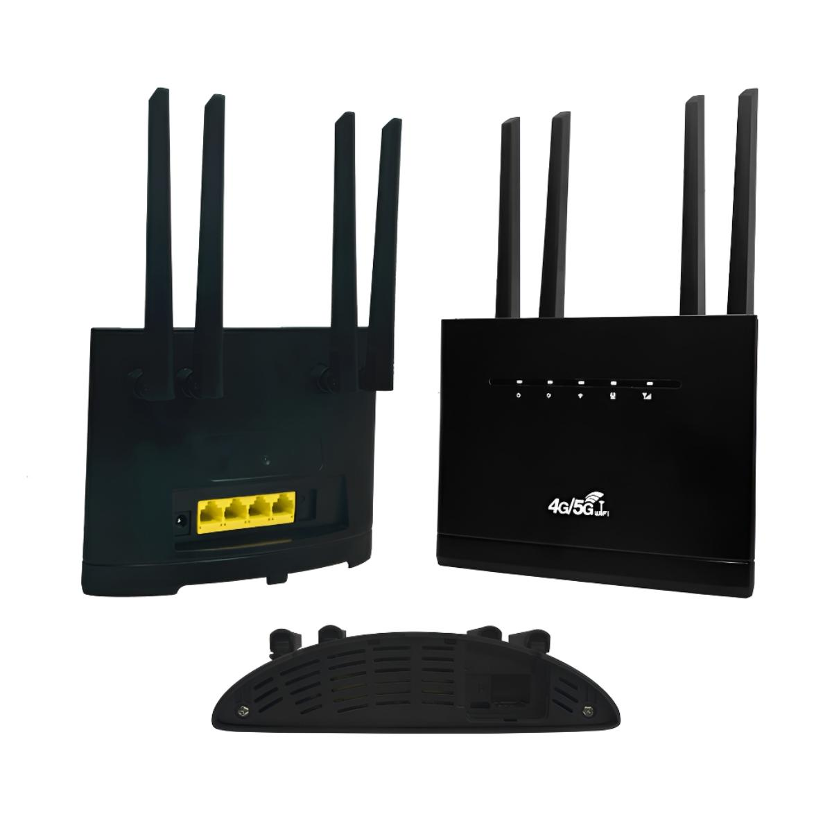 Schwarzer Router mit 4 Antennen hinten und 4 Antennen vorne. Zusätzliches Bodenteil.