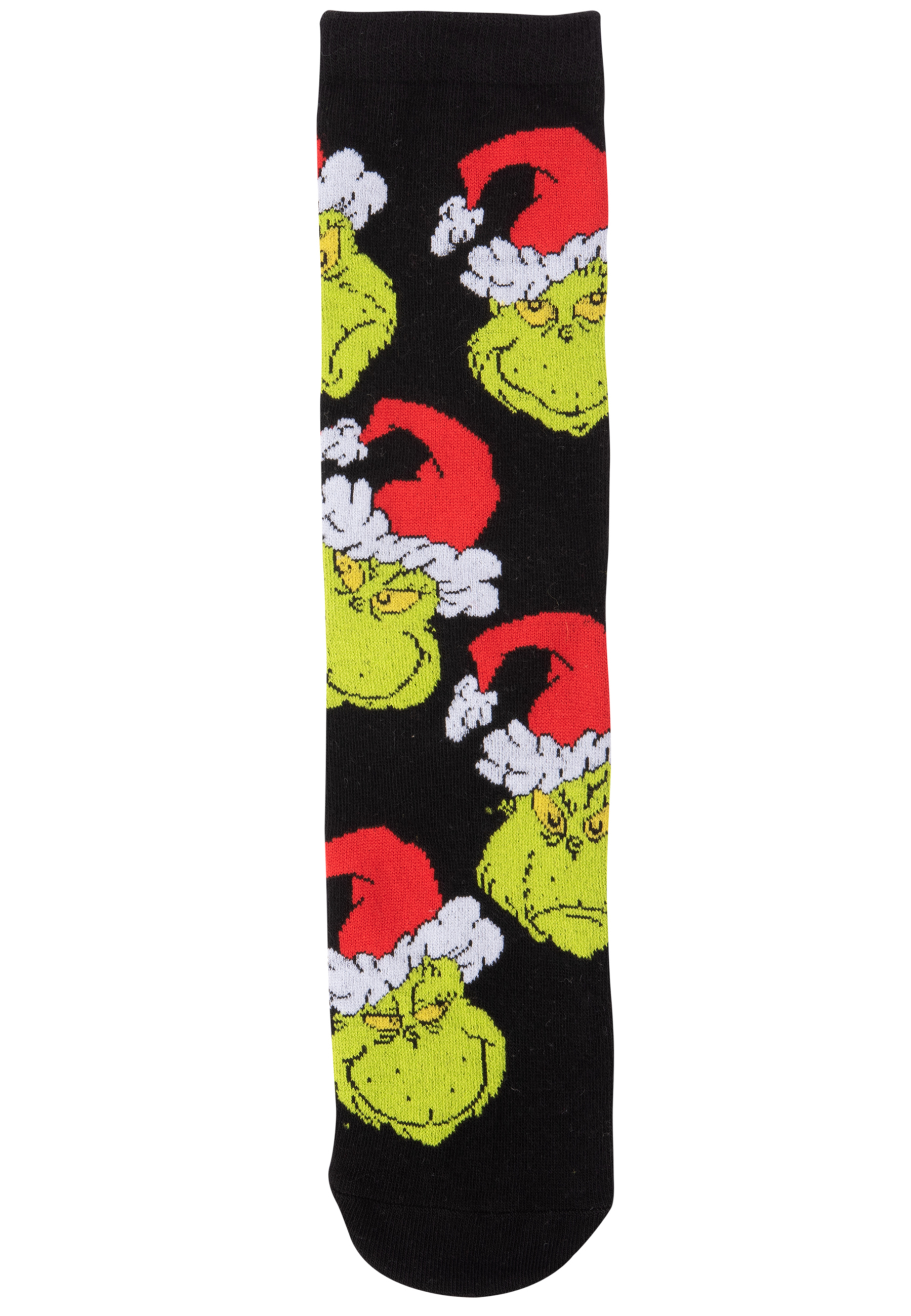 Schwarze Weihnachtssocken mit Grinch-Gesichtern, die Weihnachtsmützen tragen. Das Muster wiederholt sich.